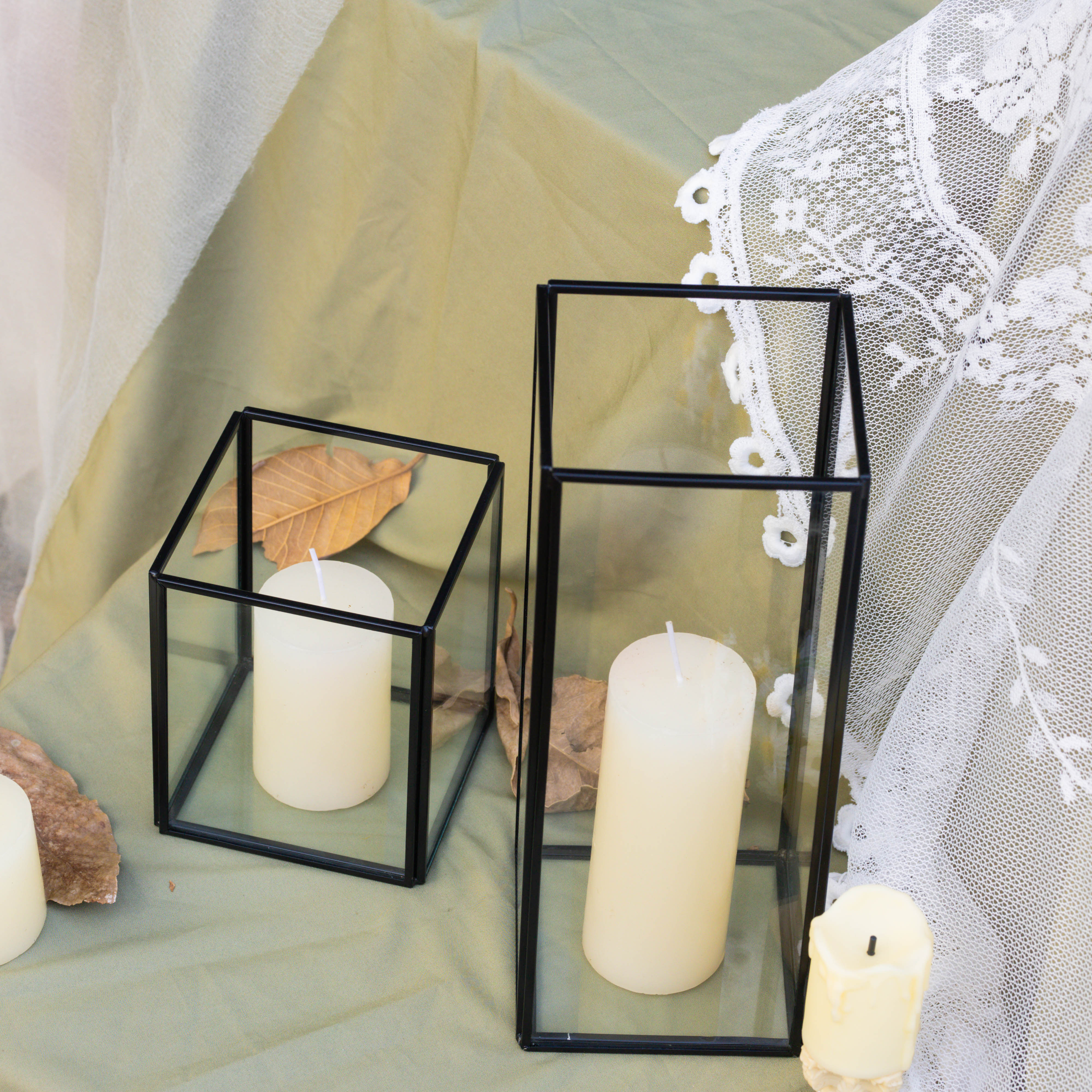 Short Handmade Black Glass Candle Holder, Square, 3.9" - NCYPgarden