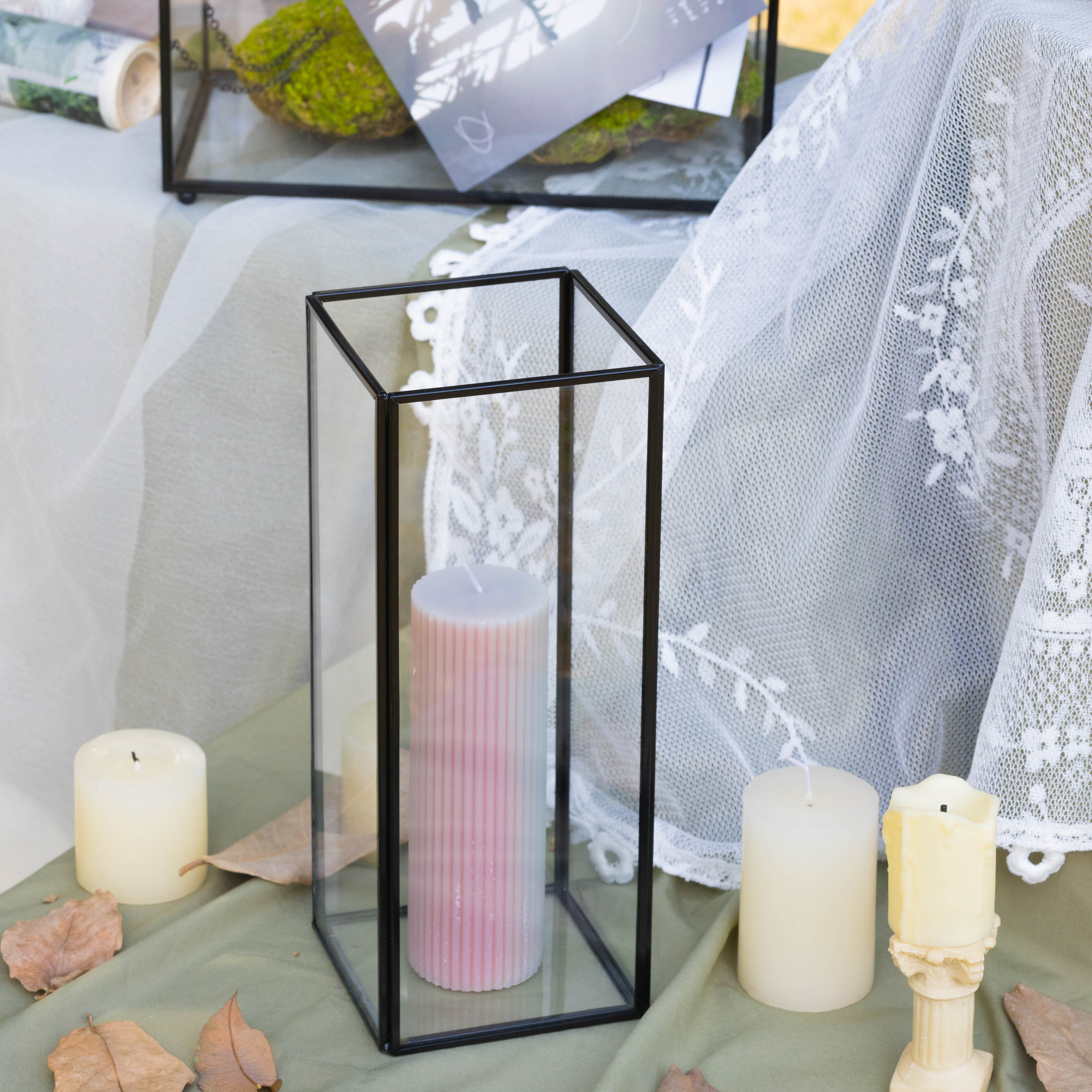 Tall Handmade Black Glass Candle Holder, Square, 9.8" tall - NCYPgarden