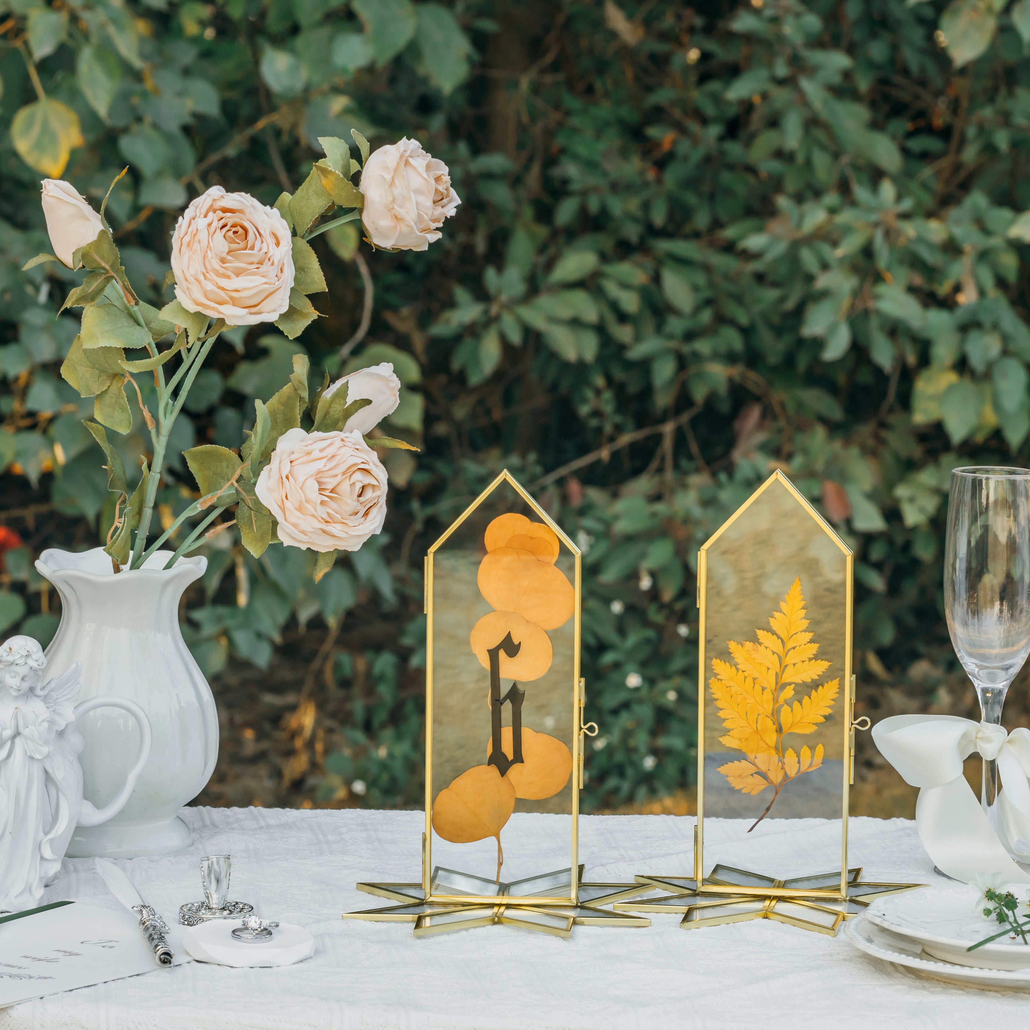 Geometric Gardenia Garden Gold Glass and Brass Wedding Table Number Holder, pressed flower frame - NCYPgarden