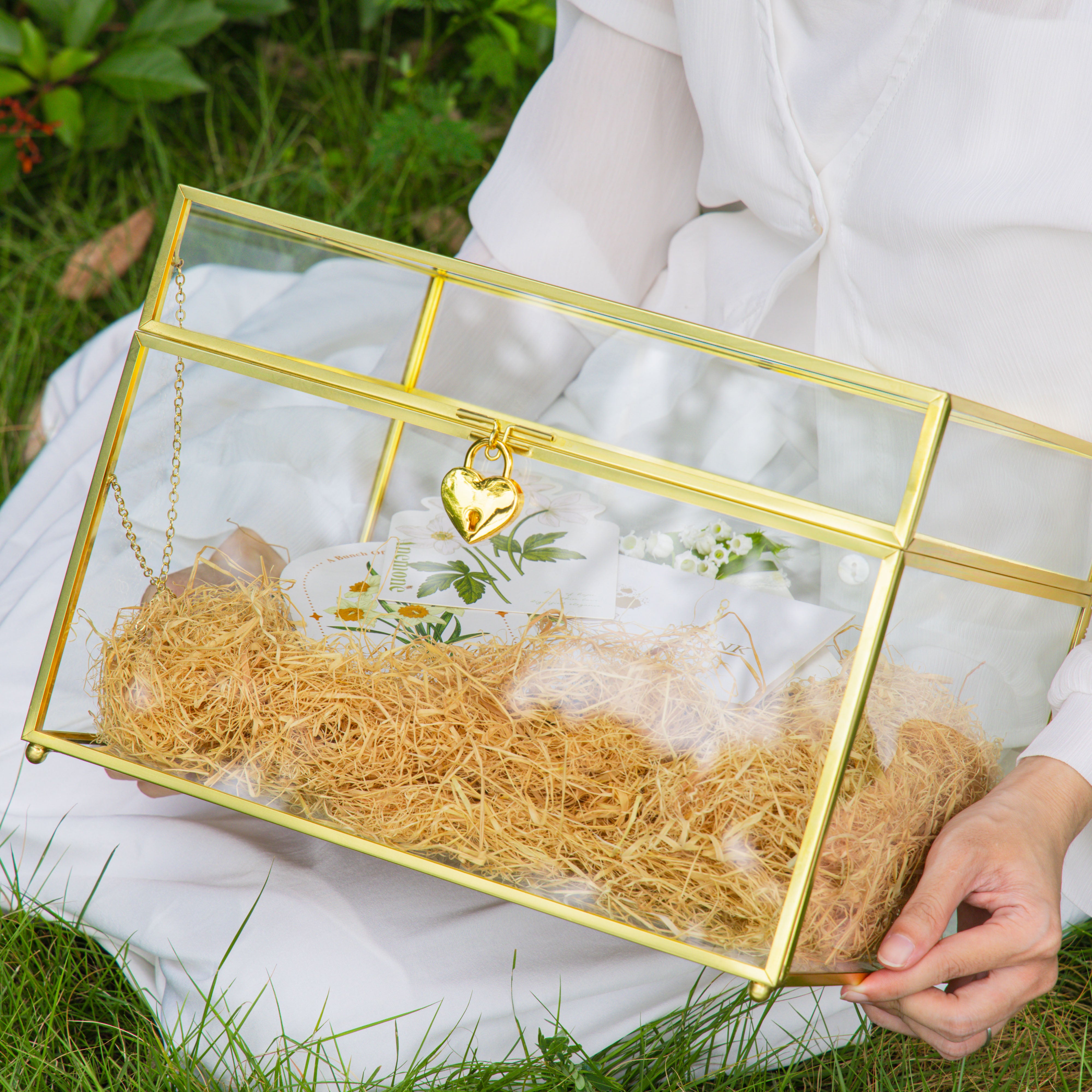 Handmade 12" Large Gold Rectangle Geometric Glass Card Box with Slot Lock for Keepsake, Wedding Reception, Postbox