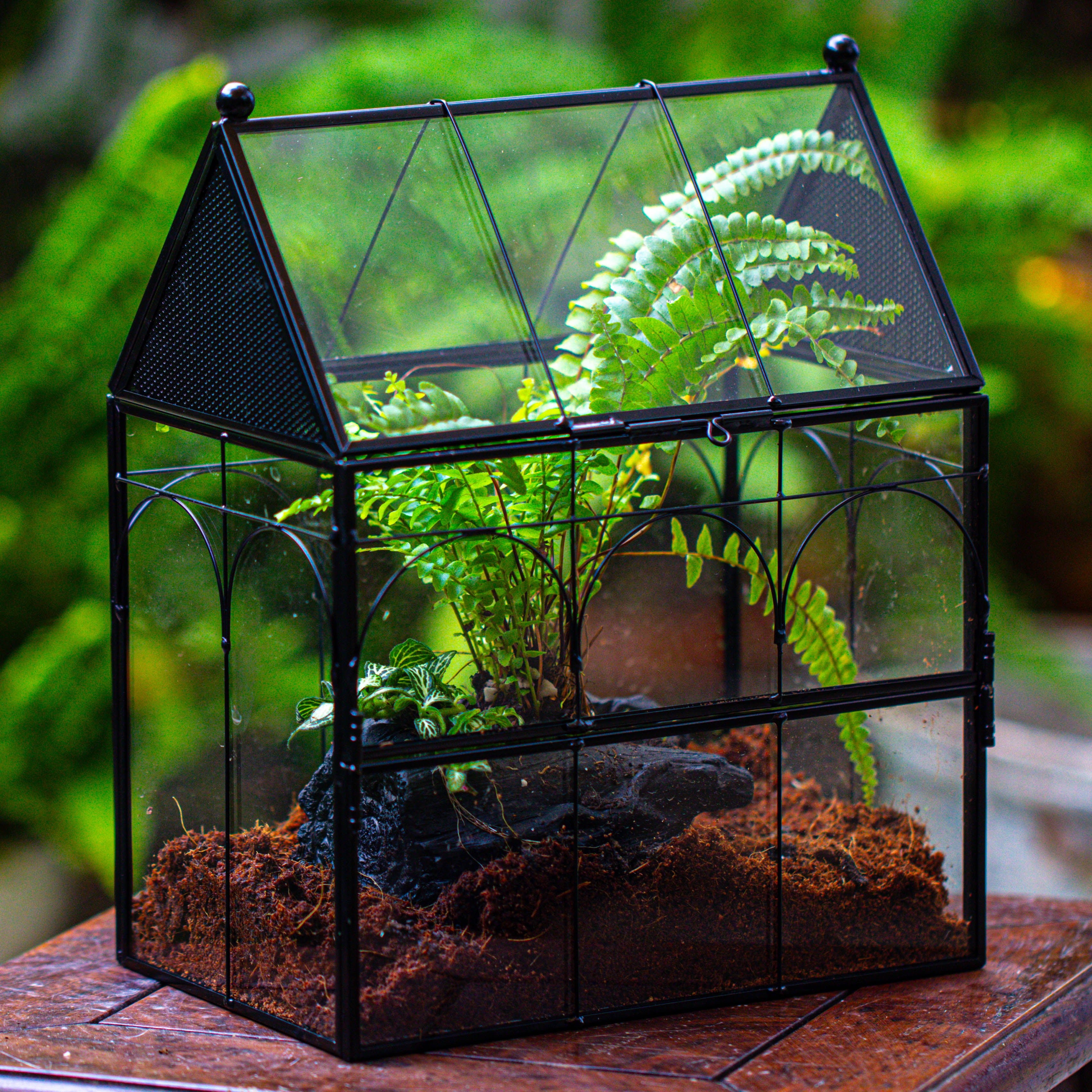 NCYP Vintage House Shape Stainless Steel and Glass Geometric Terrarium, with side door, with Mesh / vent holes for small Insects Pet building set