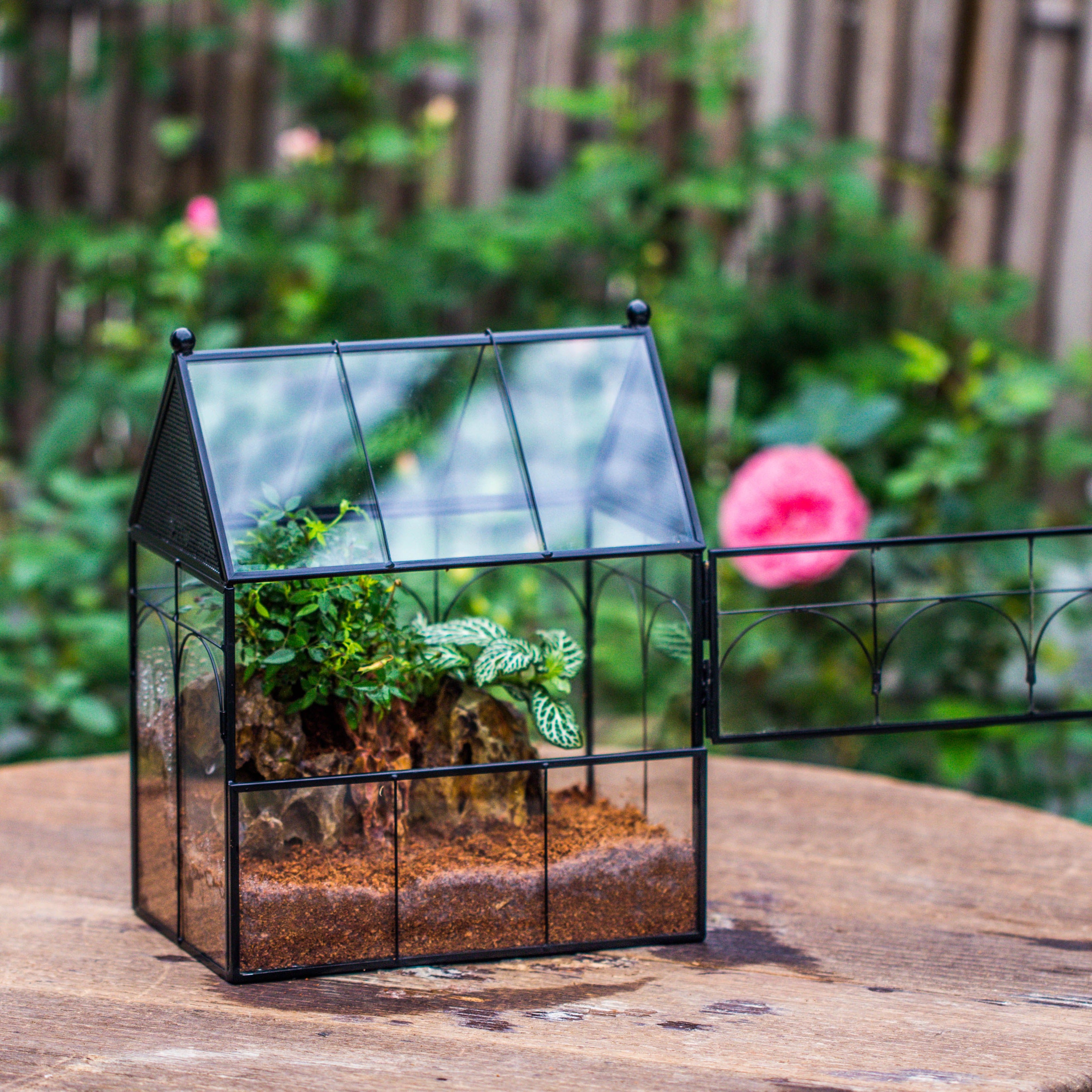 NCYP Vintage House Shape Tin and Glass Geometric Terrarium, with side door, with Mesh / vent holes for small Insects Pet - NCYPgarden