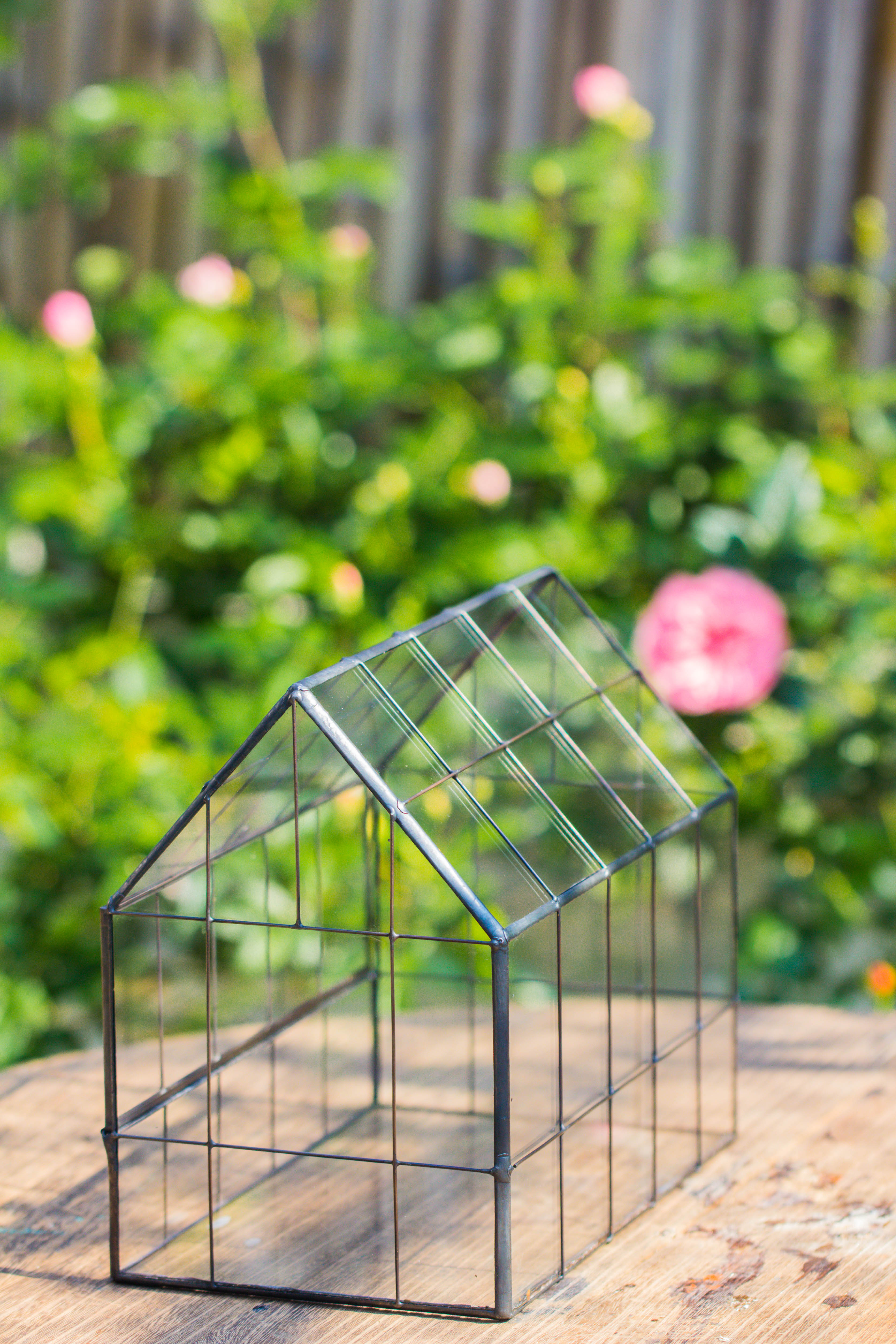 Vintge Greenhouse inspired tin and glass geometric Terarium, side door, Close, for moss, fern, shade plants, micro landscape - NCYPgarden