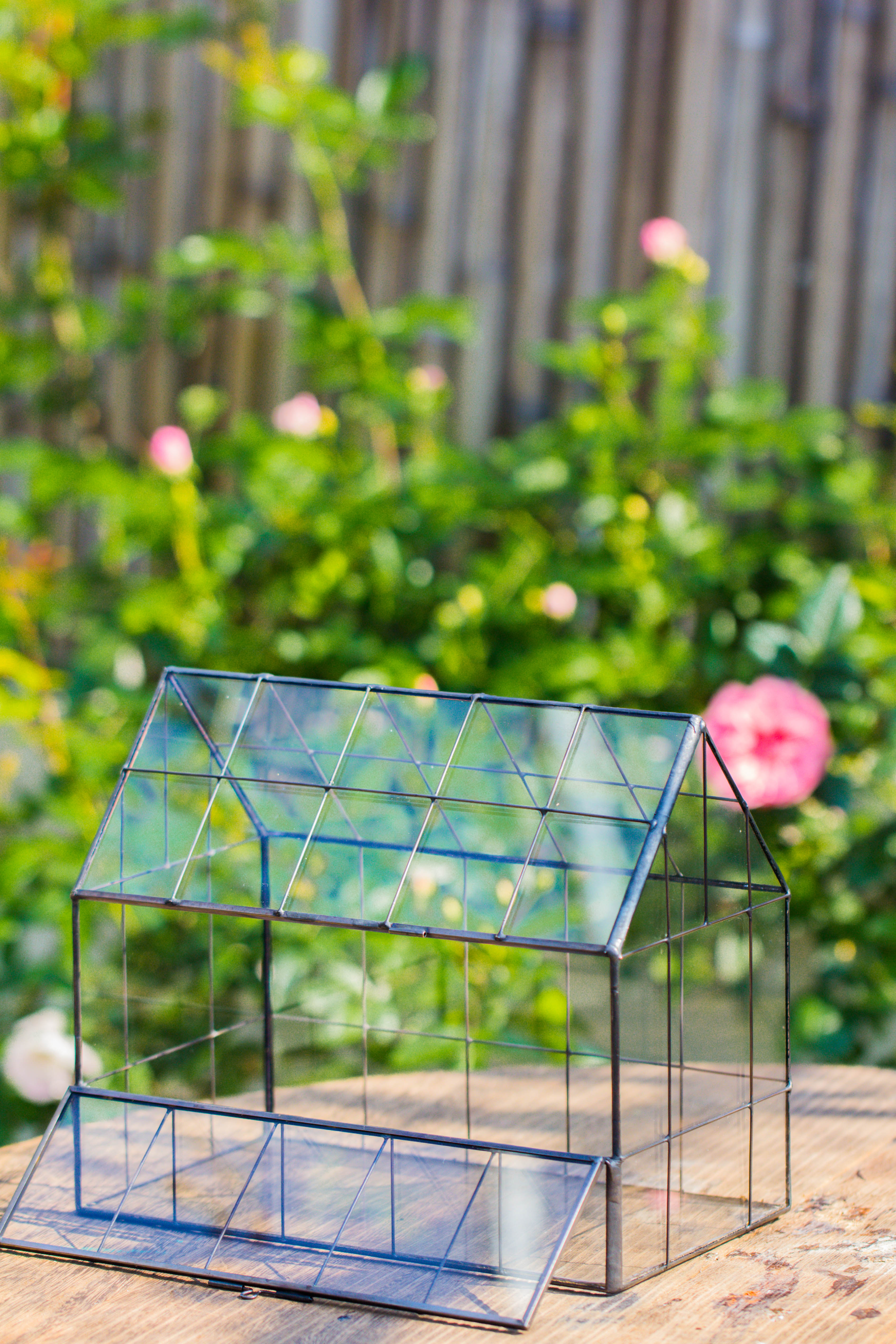 Vintge Greenhouse inspired tin and glass geometric Terarium, side door, Close, for moss, fern, shade plants, micro landscape - NCYPgarden