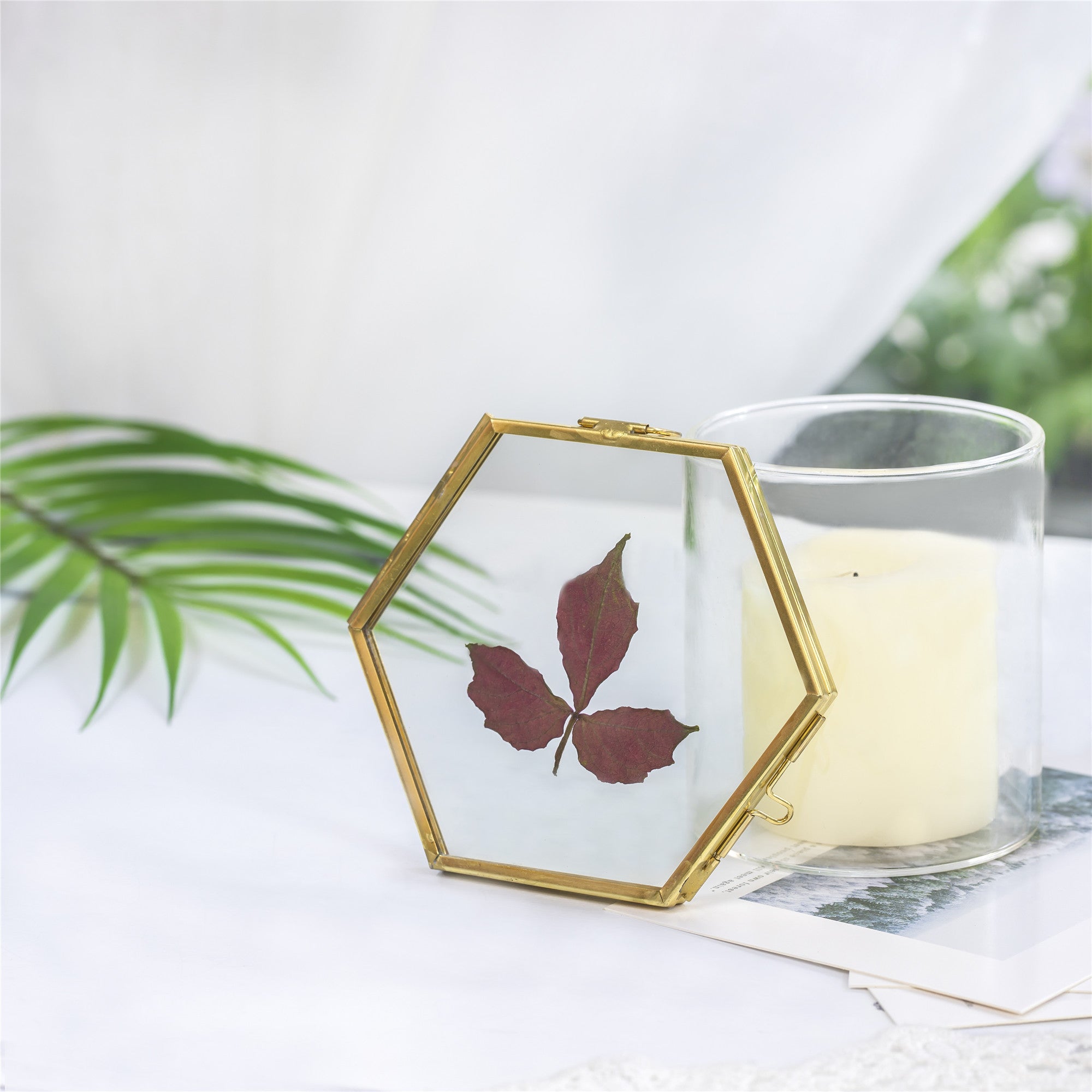 Handmade Vintage Brass Floating Hanging Glass Hexagon Picture Photo Frame Small Side Length 2" - NCYPgarden