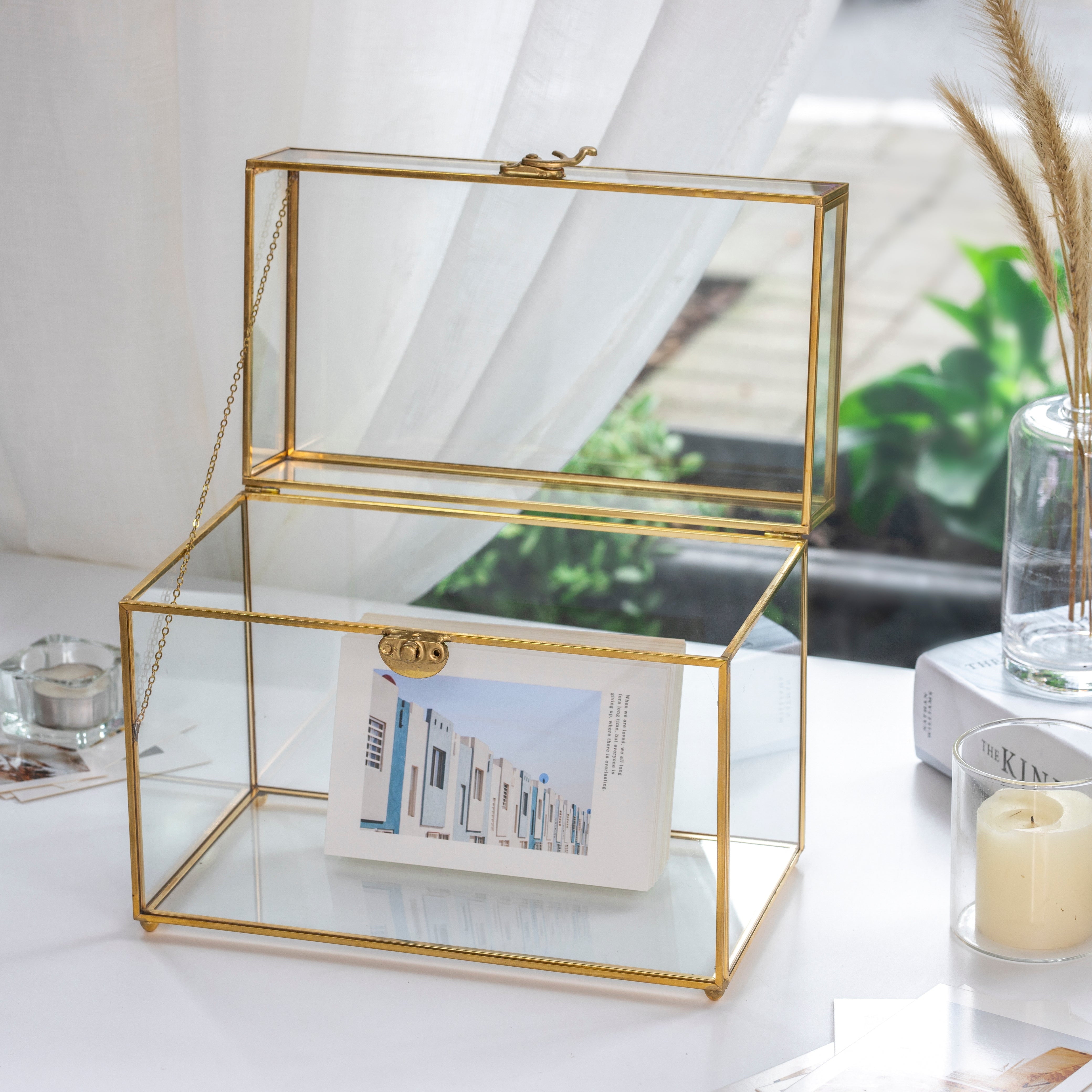 Pure Copper Medium Geometric Glass Card Box Terrarium Foot Latch Rose Gold Handmade Rectangular - NCYPgarden