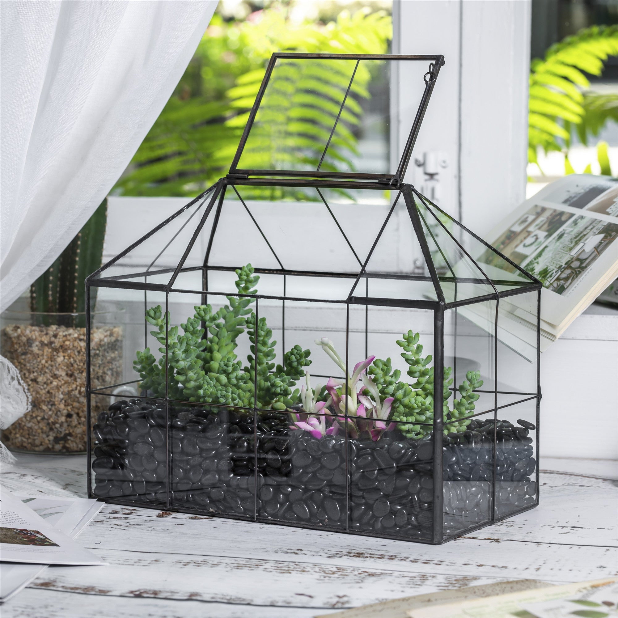 NCYP Glass Geometric Terrarium Tin-Sealed Brass Black House Shape Container with Grid and Swing Lid - NCYPgarden