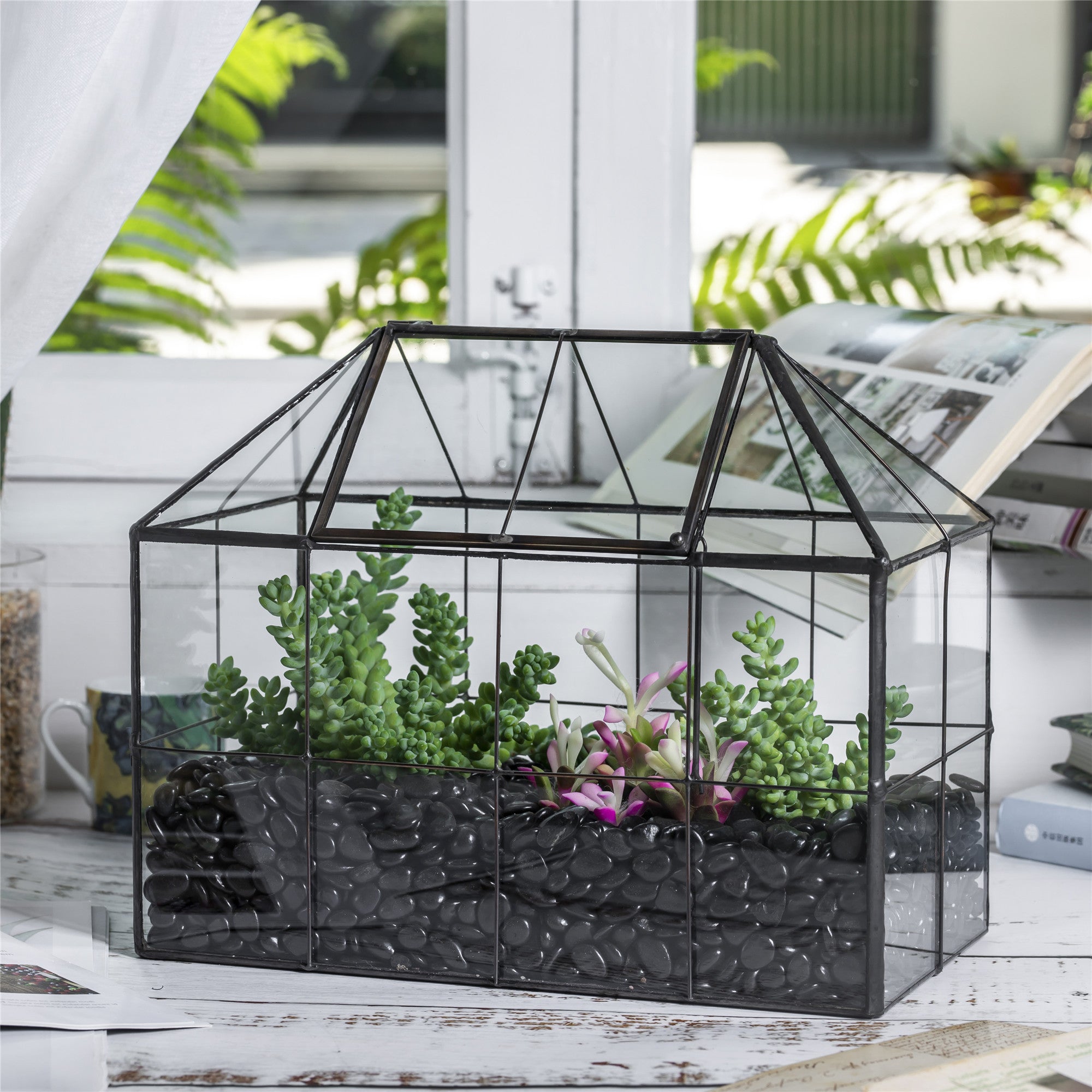 NCYP Glass Geometric Terrarium Tin-Sealed Brass Black House Shape Container with Grid and Swing Lid - NCYPgarden