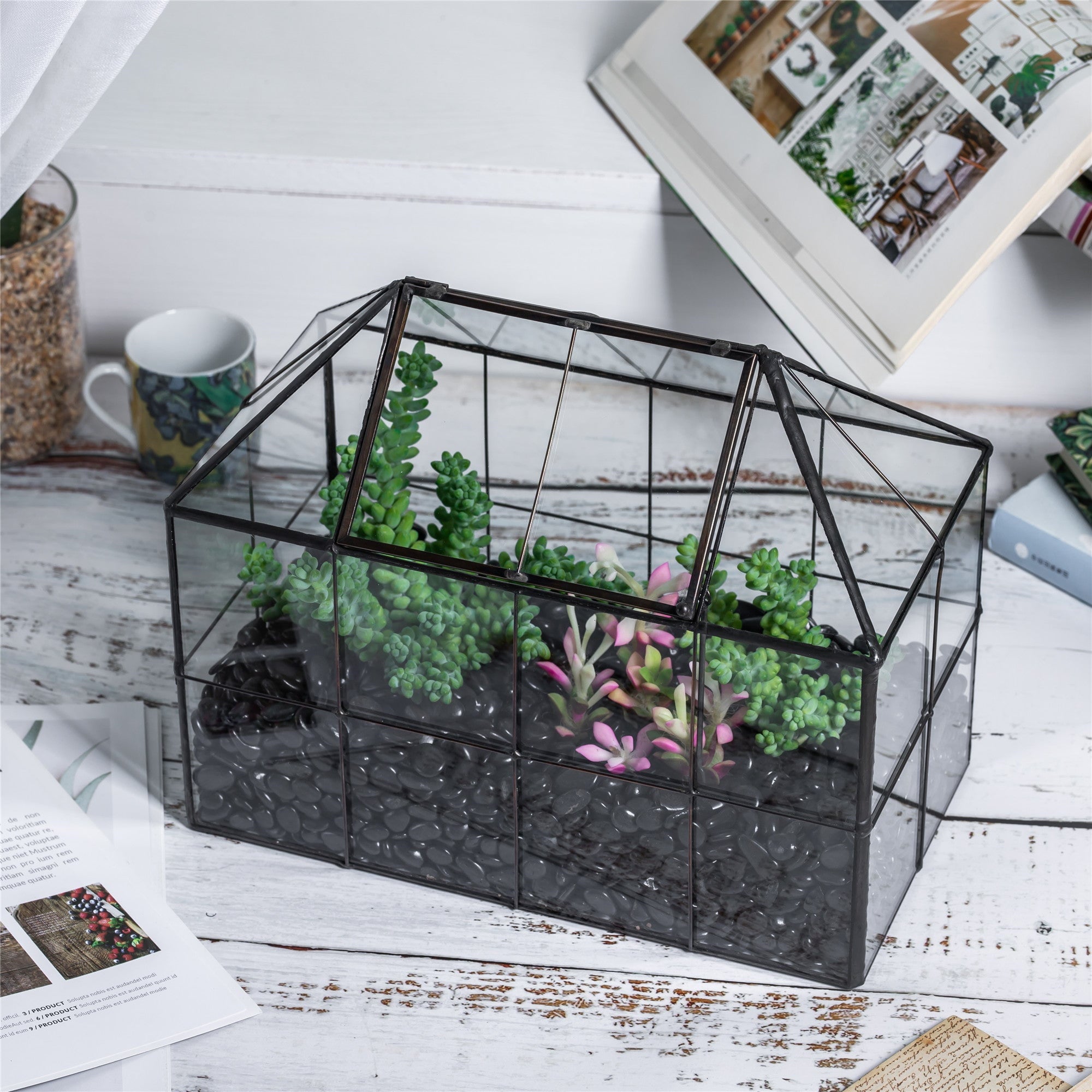 NCYP Glass Geometric Terrarium Tin-Sealed Brass Black House Shape Container with Grid and Swing Lid - NCYPgarden