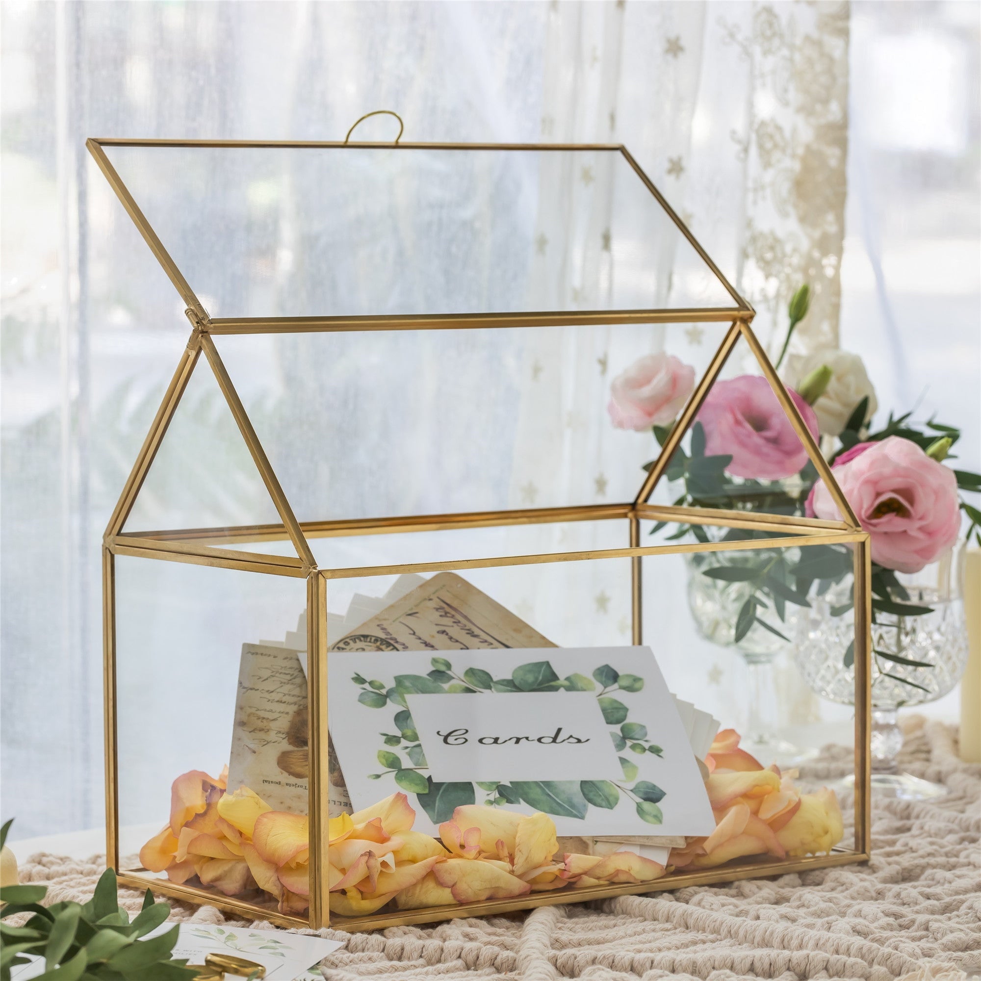 Geometric Glass Card Box Terrarium Rose Gold Handmade Pure Copper House Shape for Wedding Receiption - NCYPgarden