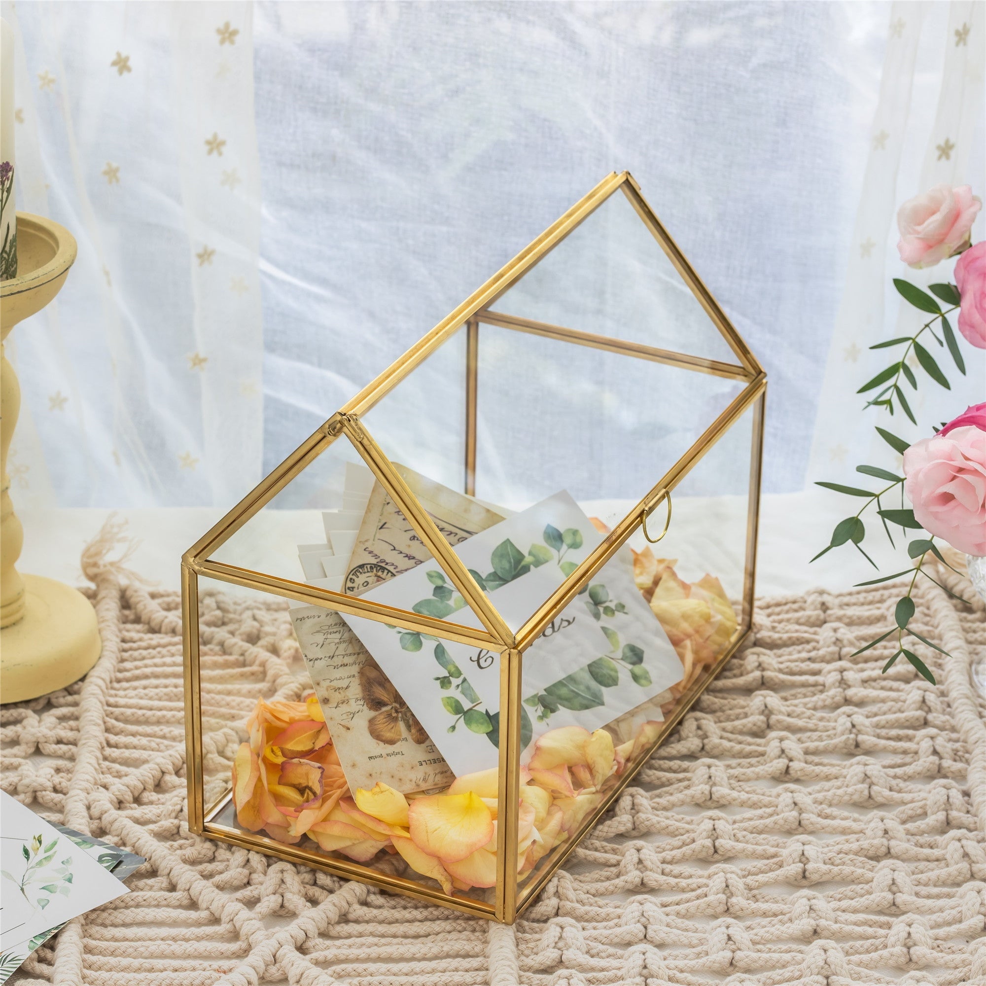 Geometric Glass Card Box Terrarium Rose Gold Handmade Pure Copper House Shape for Wedding Receiption - NCYPgarden