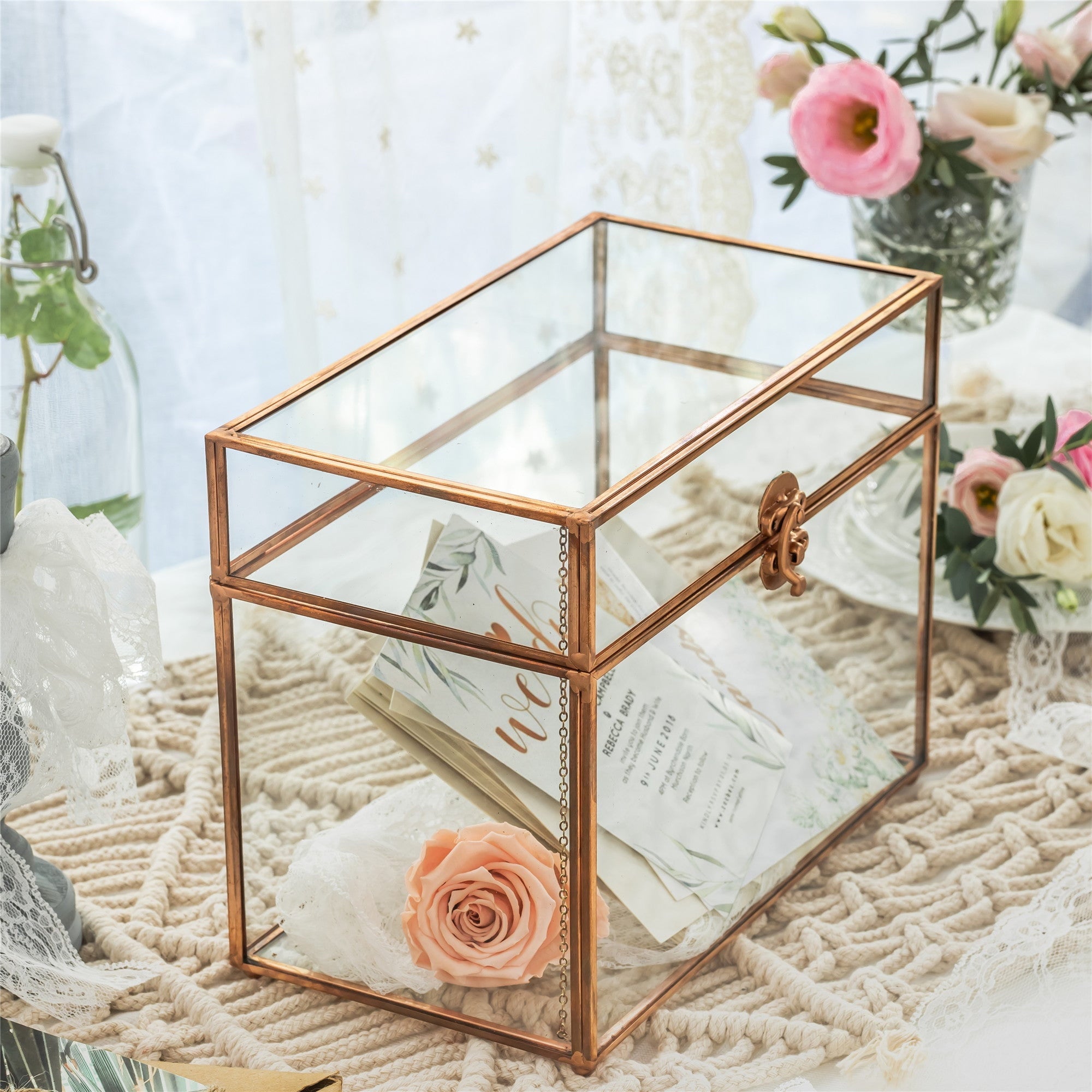 Pure Copper Medium Geometric Glass Card Box Terrarium Foot Latch Rose Gold Handmade Rectangular - NCYPgarden