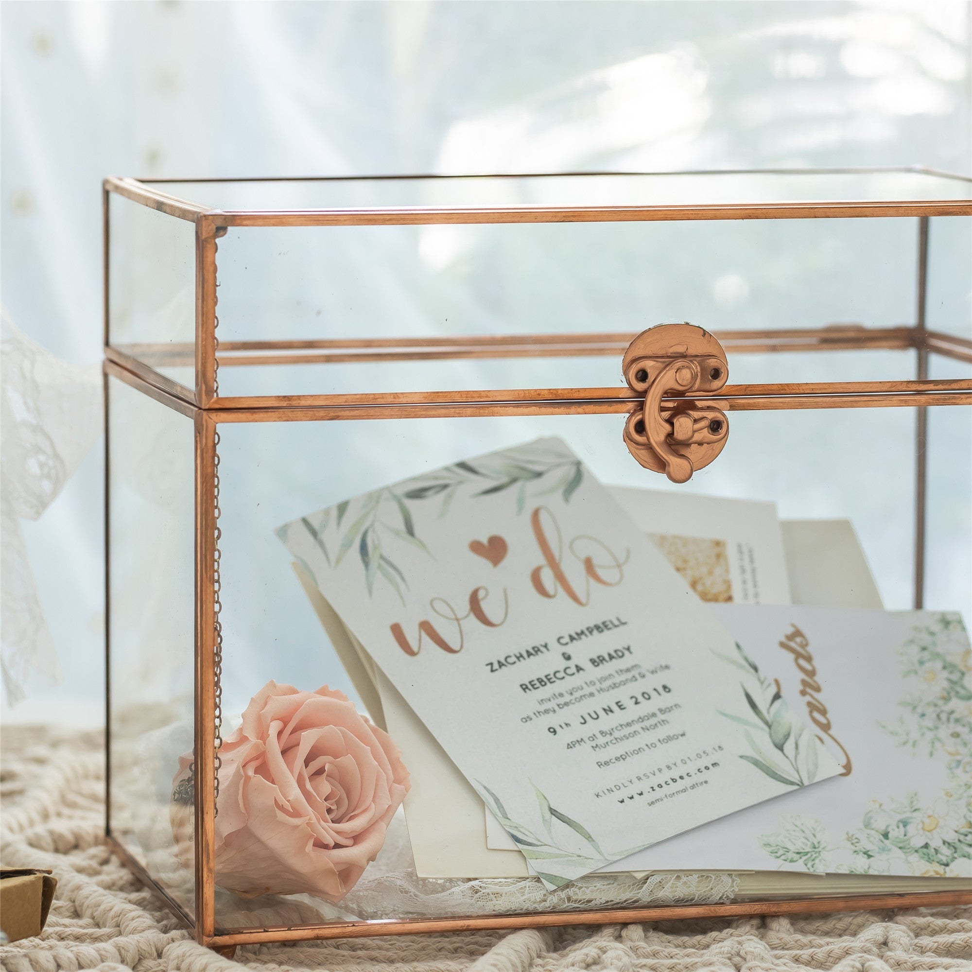 Pure Copper Medium Geometric Glass Card Box Terrarium Foot Latch Rose Gold Handmade Rectangular - NCYPgarden