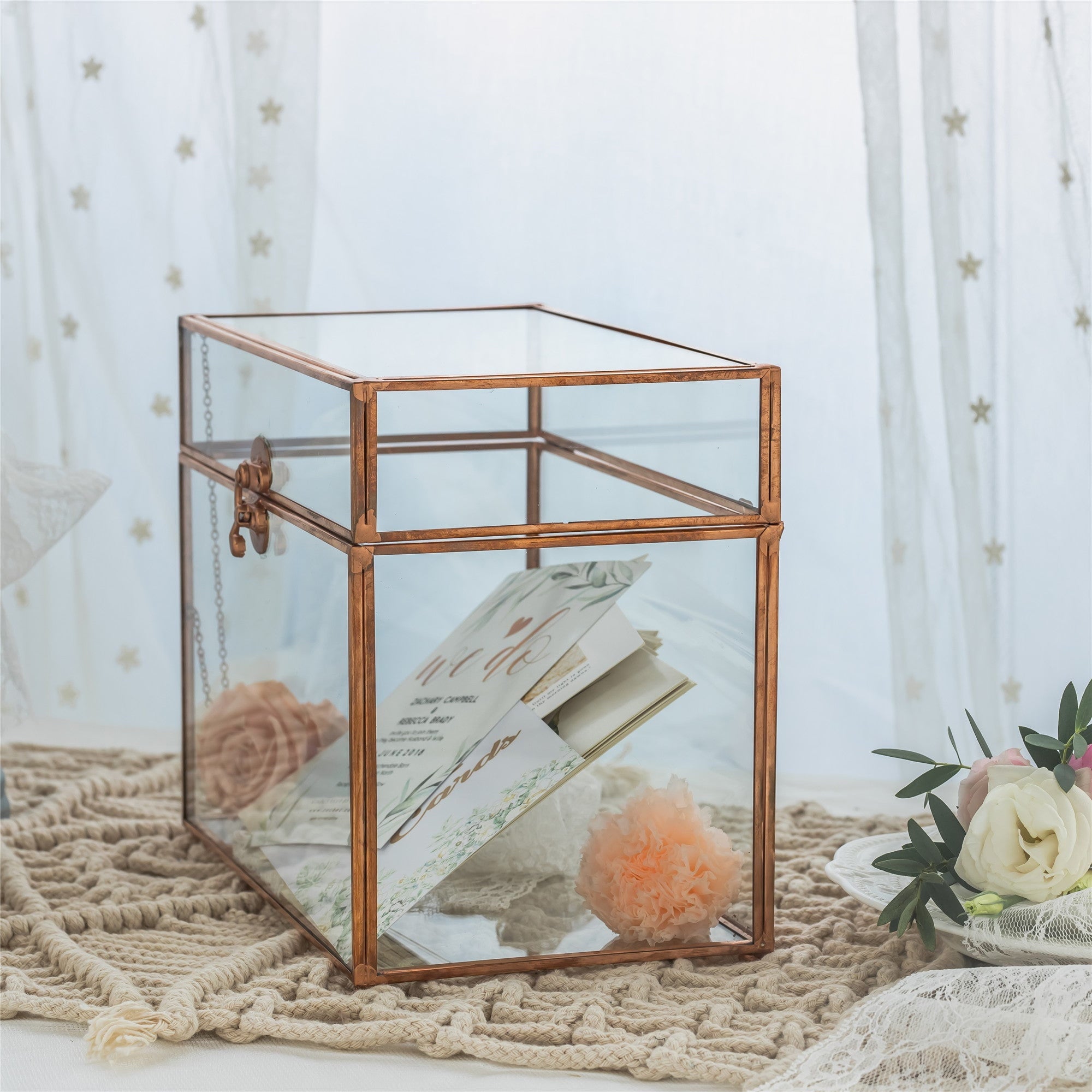 Pure Copper Medium Geometric Glass Card Box Terrarium Foot Latch Rose Gold Handmade Rectangular - NCYPgarden