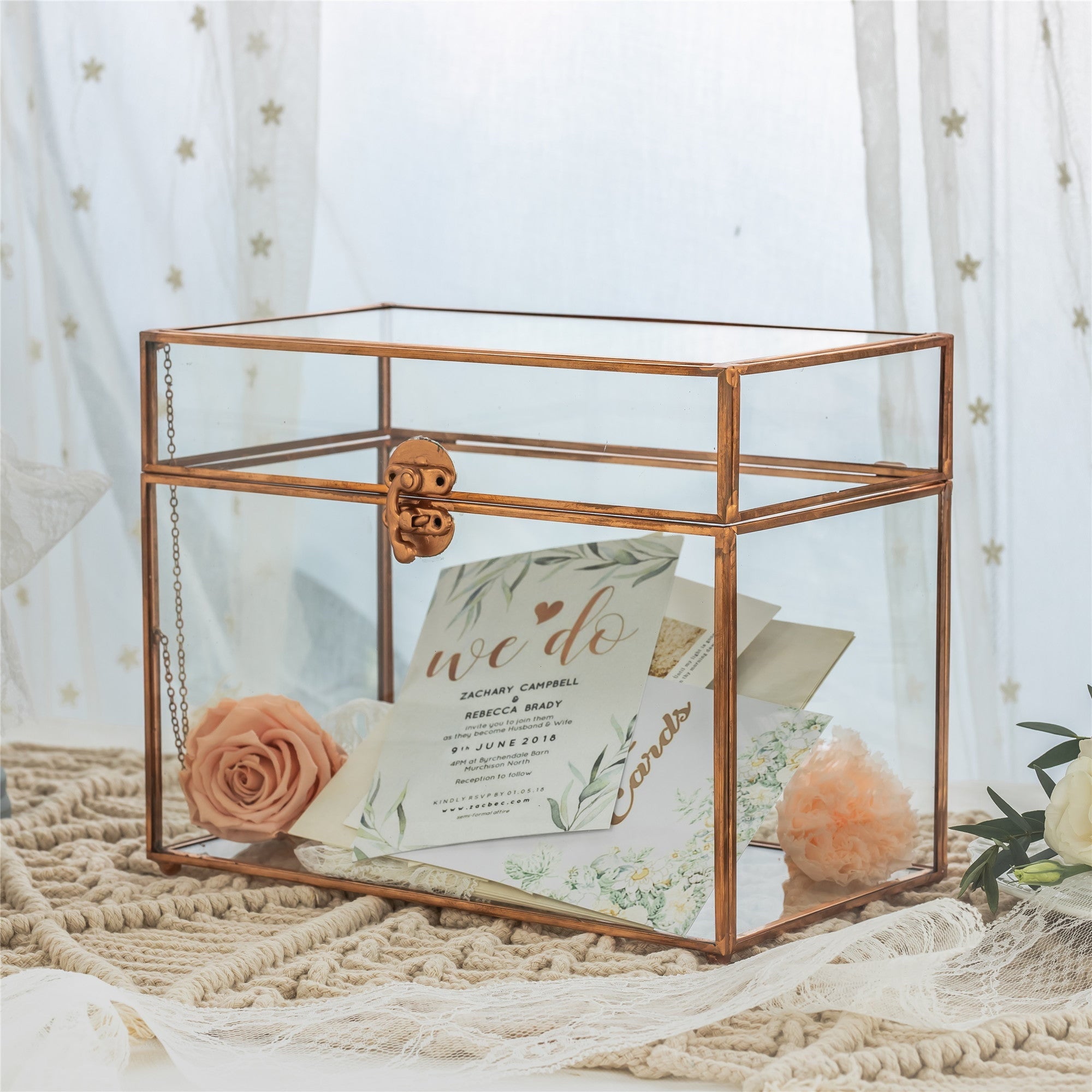 Pure Copper Medium Geometric Glass Card Box Terrarium Foot Latch Rose Gold Handmade Rectangular - NCYPgarden