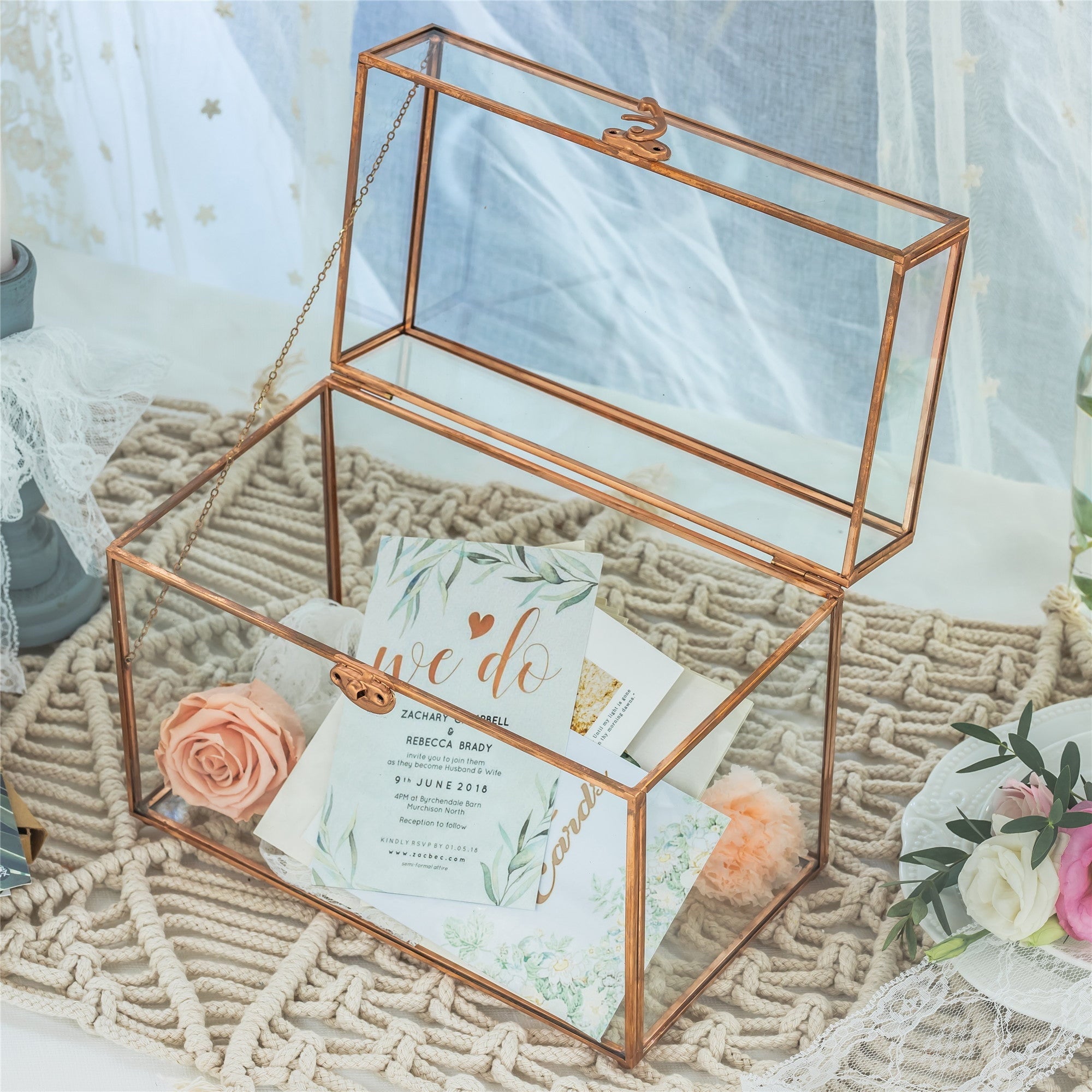 Pure Copper Medium Geometric Glass Card Box Terrarium Foot Latch Rose Gold Handmade Rectangular - NCYPgarden