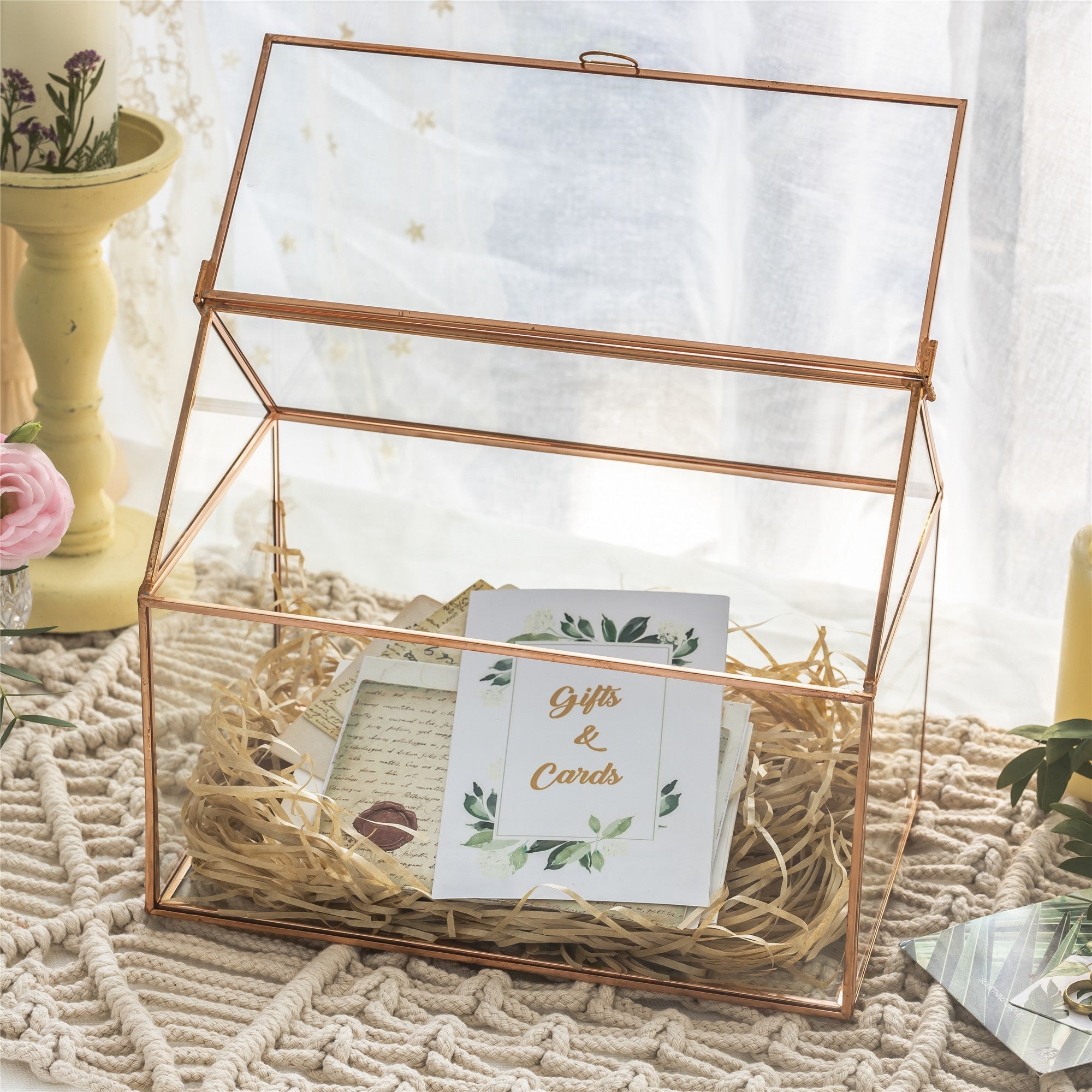 Geometric Glass Card Box Terrarium Rose Gold Handmade Pure Copper House Shape for Wedding Receiption - NCYPgarden