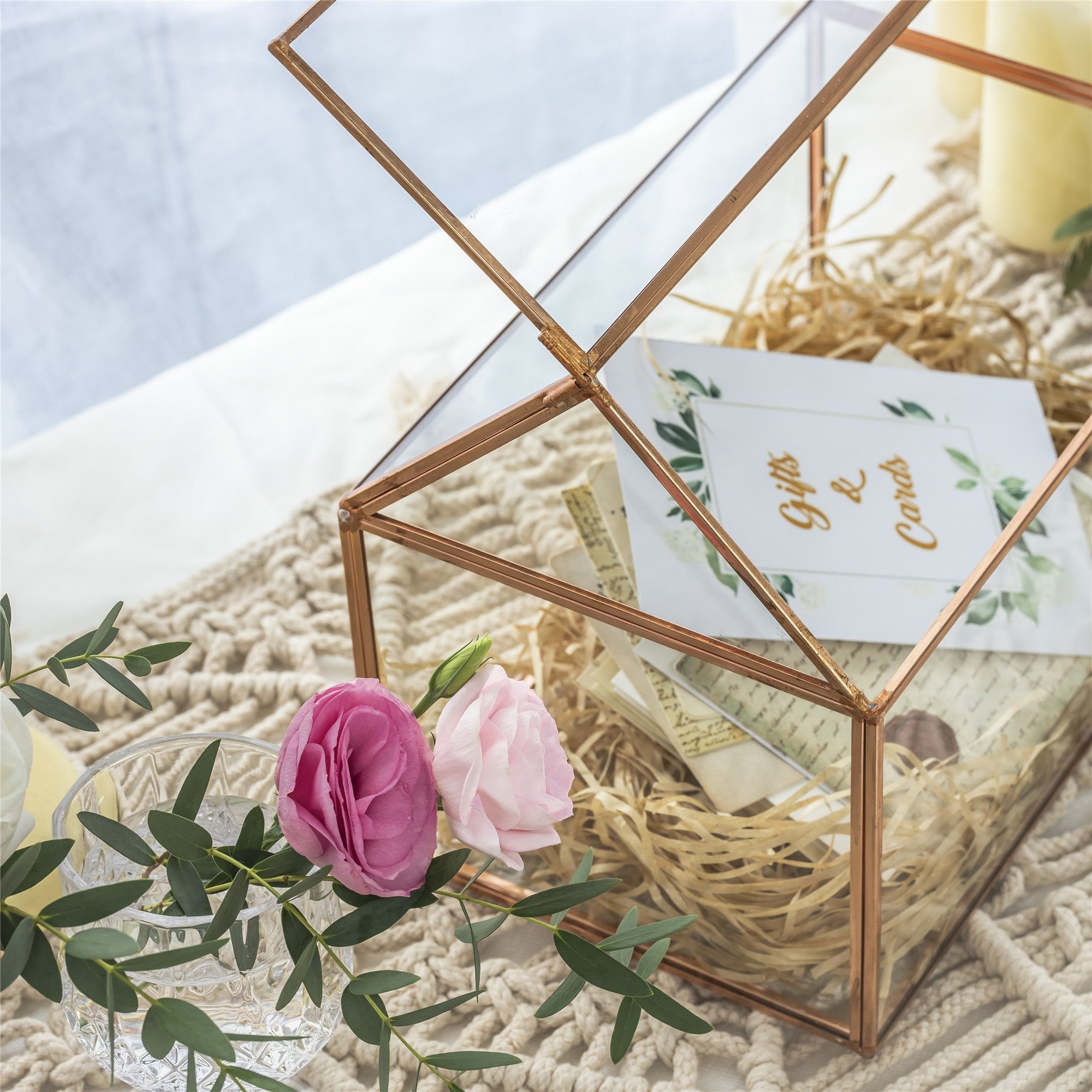 Geometric Glass Card Box Terrarium Rose Gold Handmade Pure Copper House Shape for Wedding Receiption - NCYPgarden