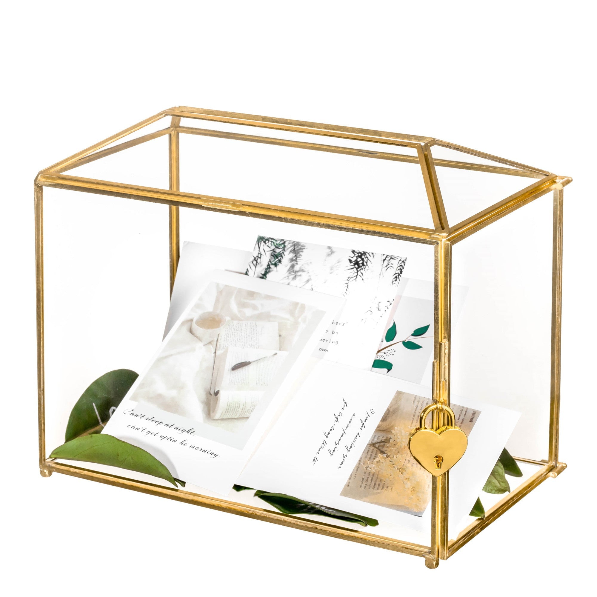 Large Geometric Glass Card Box Terrarium with Slot and Heart Lock, Foot, Gold, Handmade, Brass,for Wedding Receiption, Wishwell, Keepsake Centerpiece - NCYPgarden