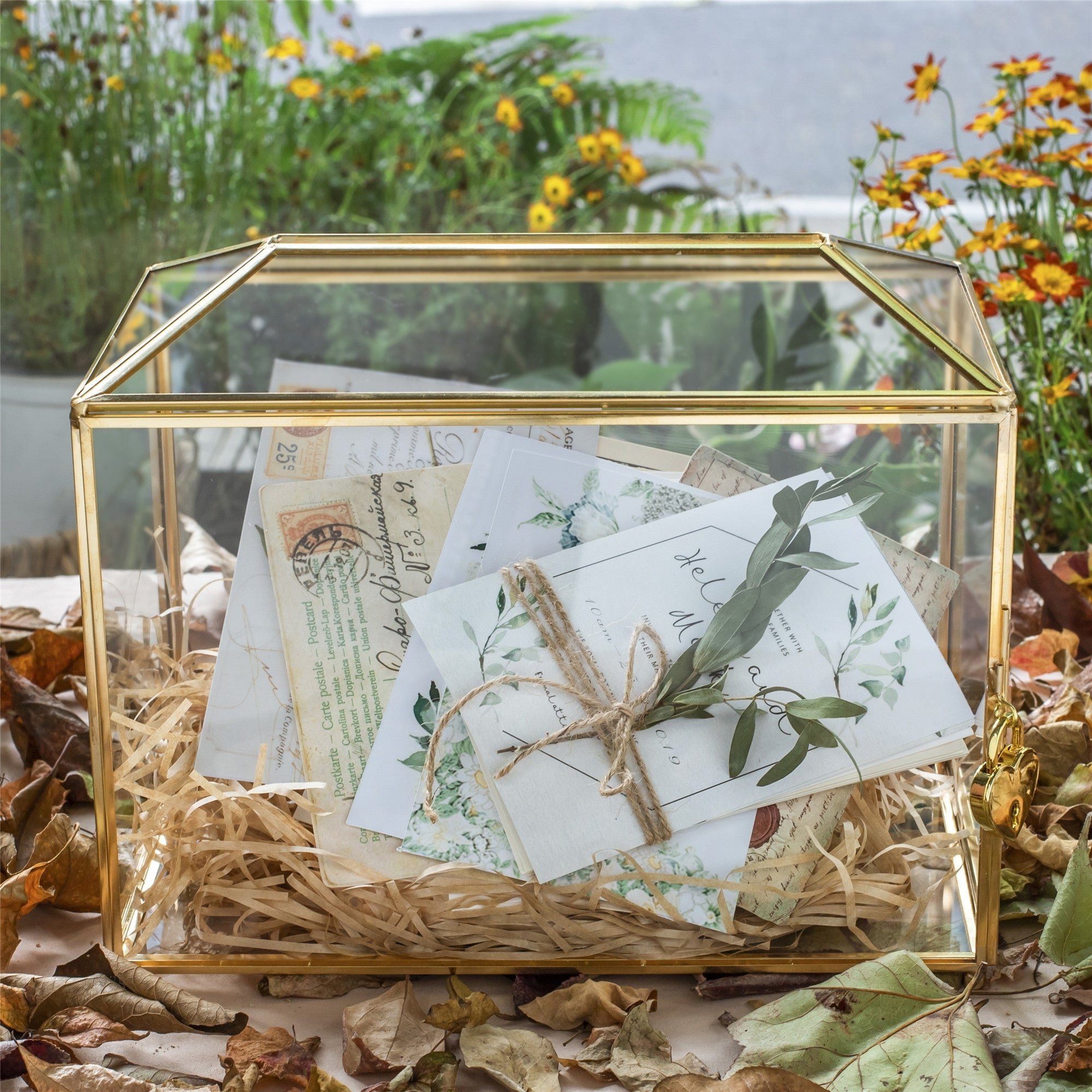 Large Geometric Glass Card Box Terrarium with Slot and Heart Lock, Foot, Gold, Handmade, Brass,for Wedding Receiption, Wishwell, Keepsake Centerpiece - NCYPgarden