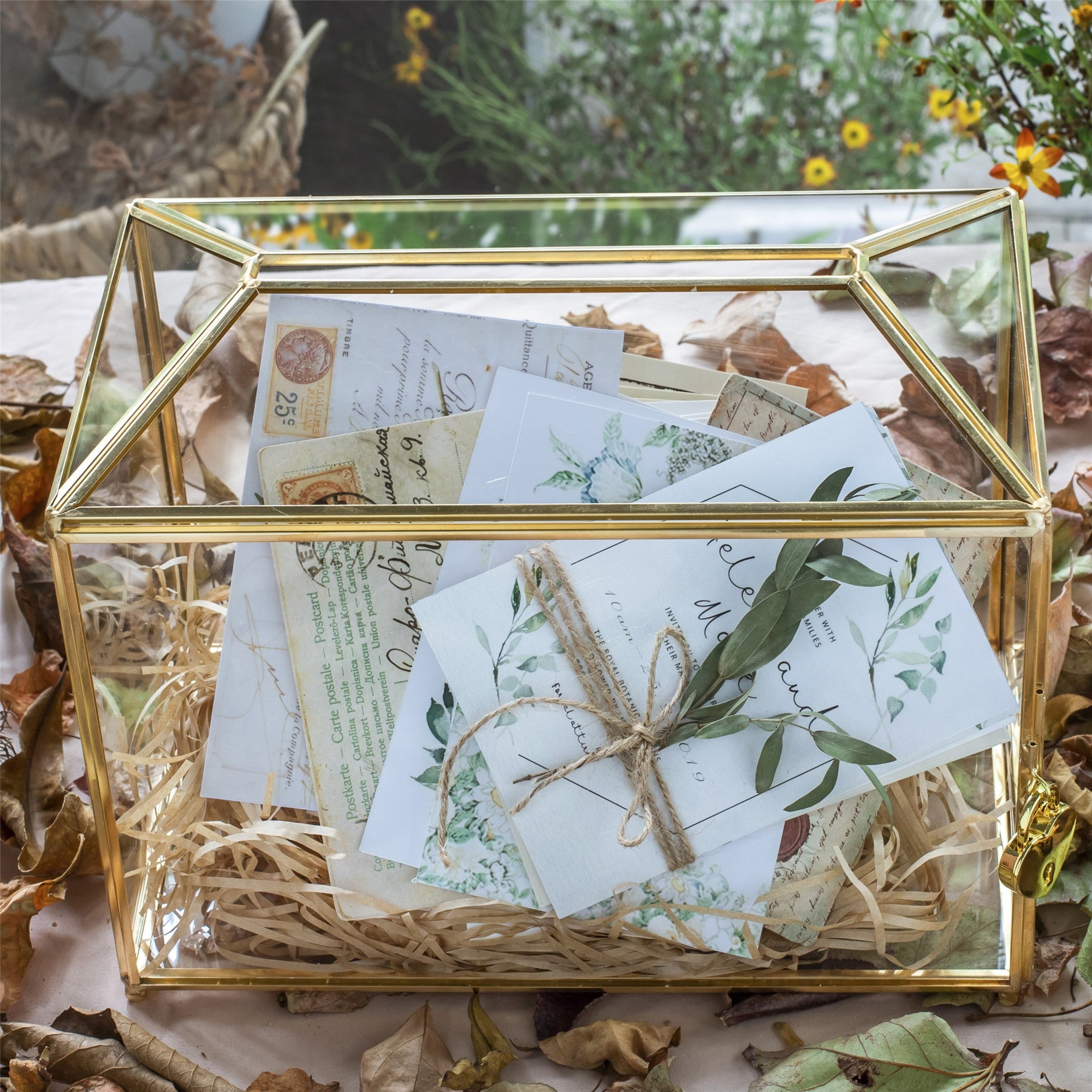 Large Geometric Glass Card Box Terrarium with Slot and Heart Lock, Foot, Gold, Handmade, Brass,for Wedding Receiption, Wishwell, Keepsake Centerpiece - NCYPgarden