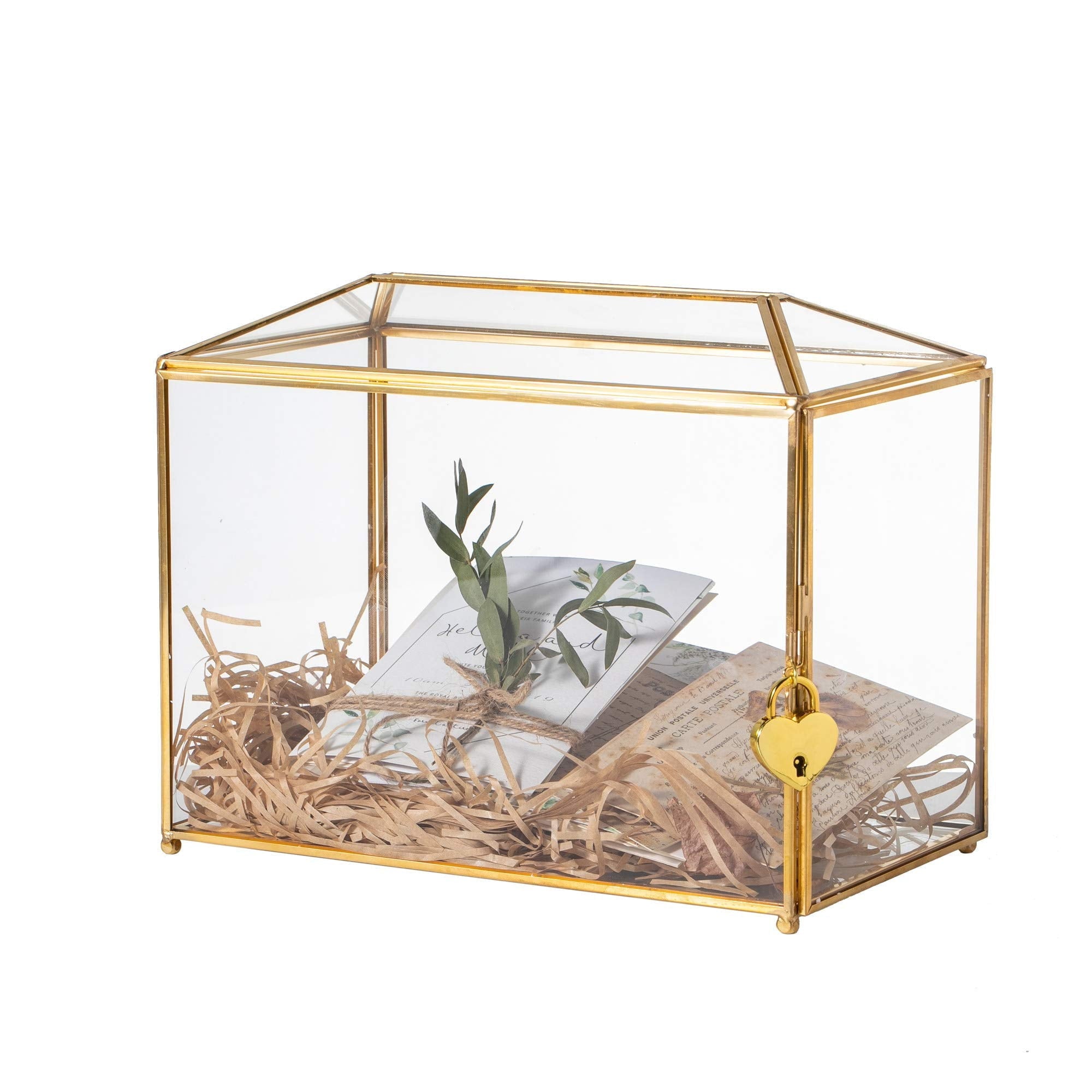 Large Geometric Glass Card Box Terrarium with Slot and Heart Lock, Foot, Gold, Handmade, Brass,for Wedding Receiption, Wishwell, Keepsake Centerpiece - NCYPgarden