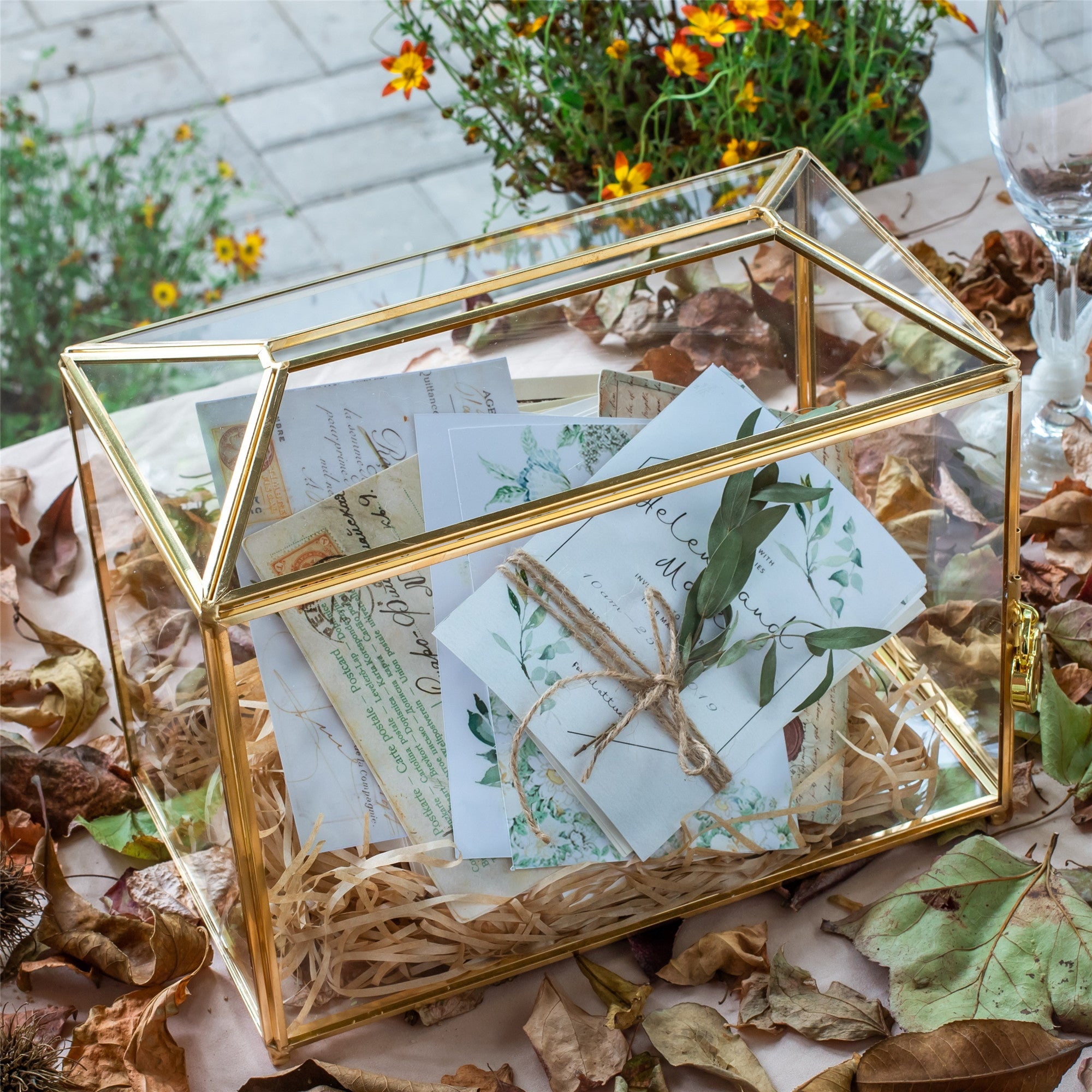 Large Geometric Glass Card Box Terrarium with Slot and Heart Lock, Foot, Gold, Handmade, Brass,for Wedding Receiption, Wishwell, Keepsake Centerpiece - NCYPgarden