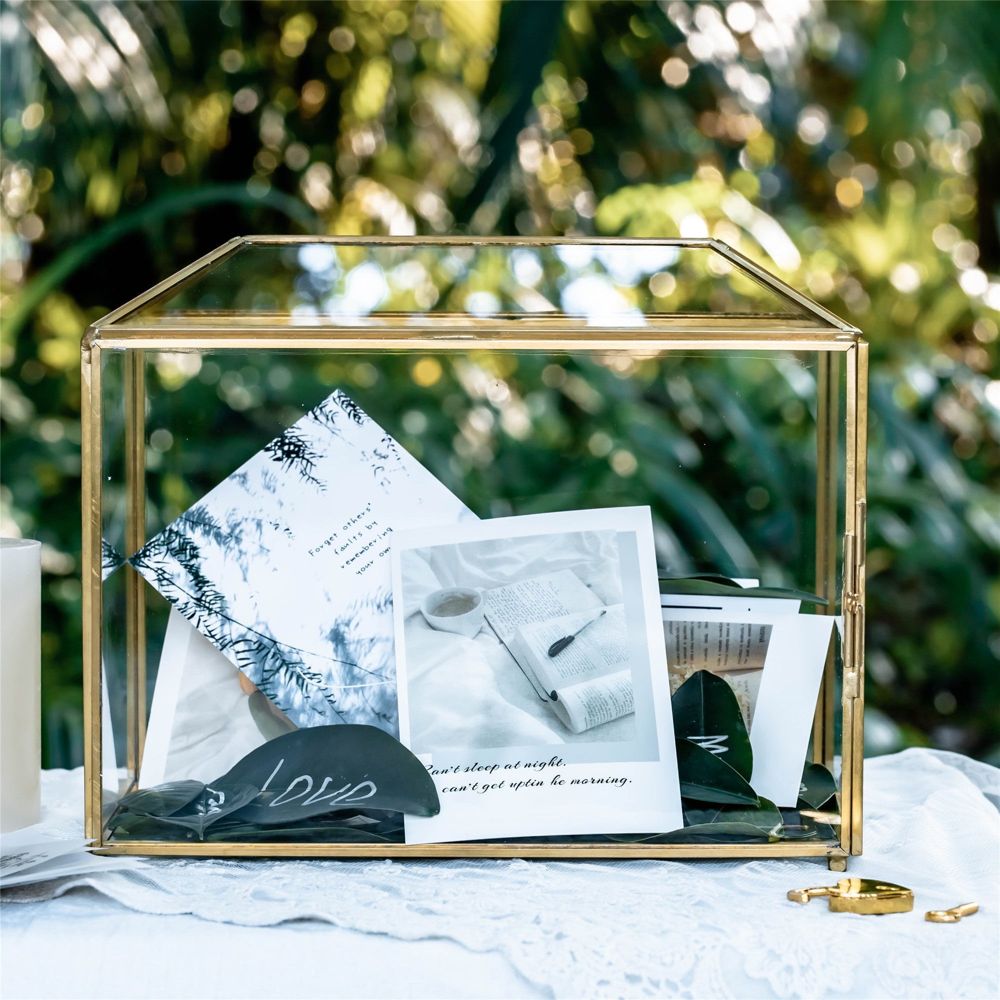 Large Geometric Glass Card Box Terrarium with Slot and Heart Lock, Foot, Gold, Handmade, Brass,for Wedding Receiption, Wishwell, Keepsake Centerpiece - NCYPgarden