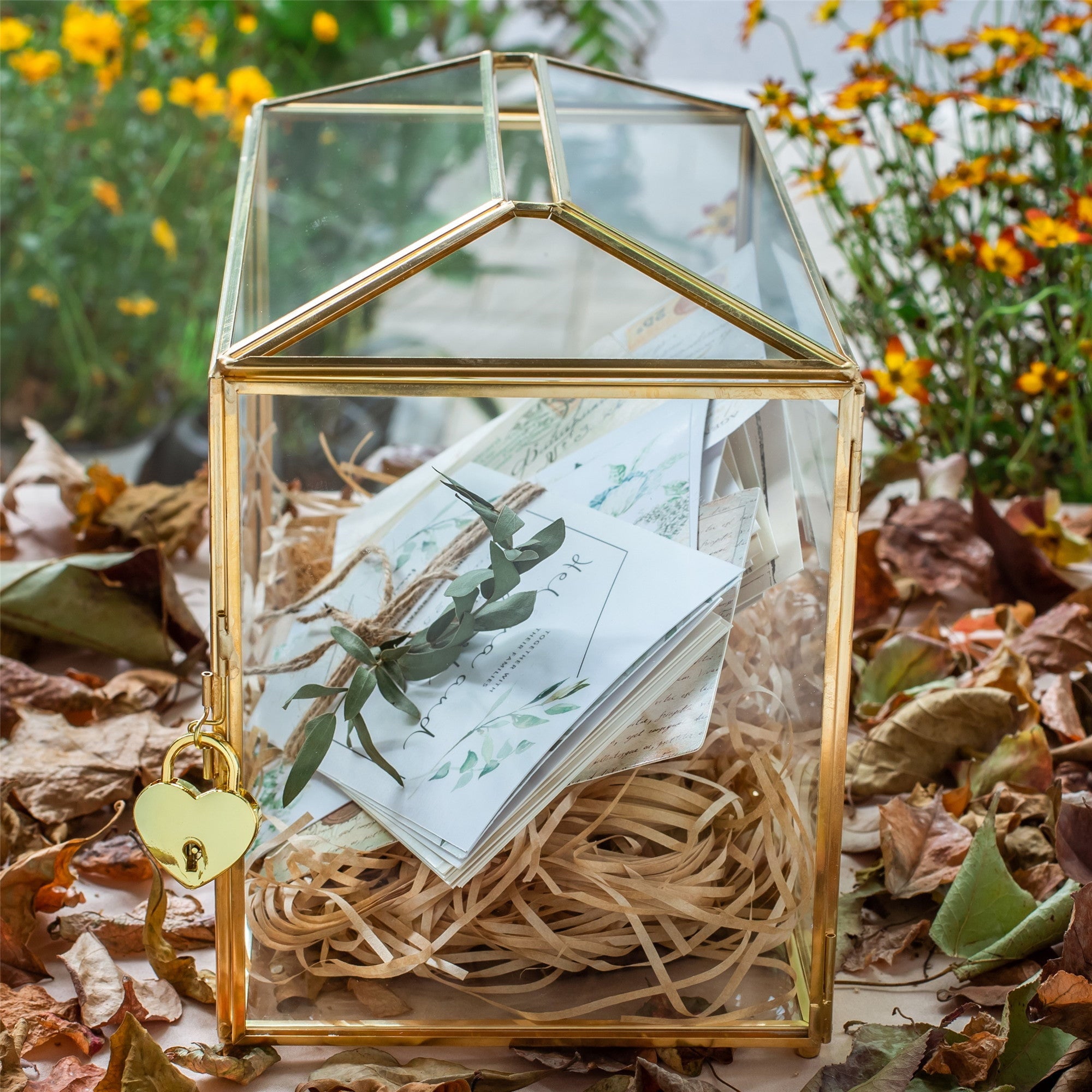 Large Geometric Glass Card Box Terrarium with Slot and Heart Lock, Foot, Gold, Handmade, Brass,for Wedding Receiption, Wishwell, Keepsake Centerpiece - NCYPgarden