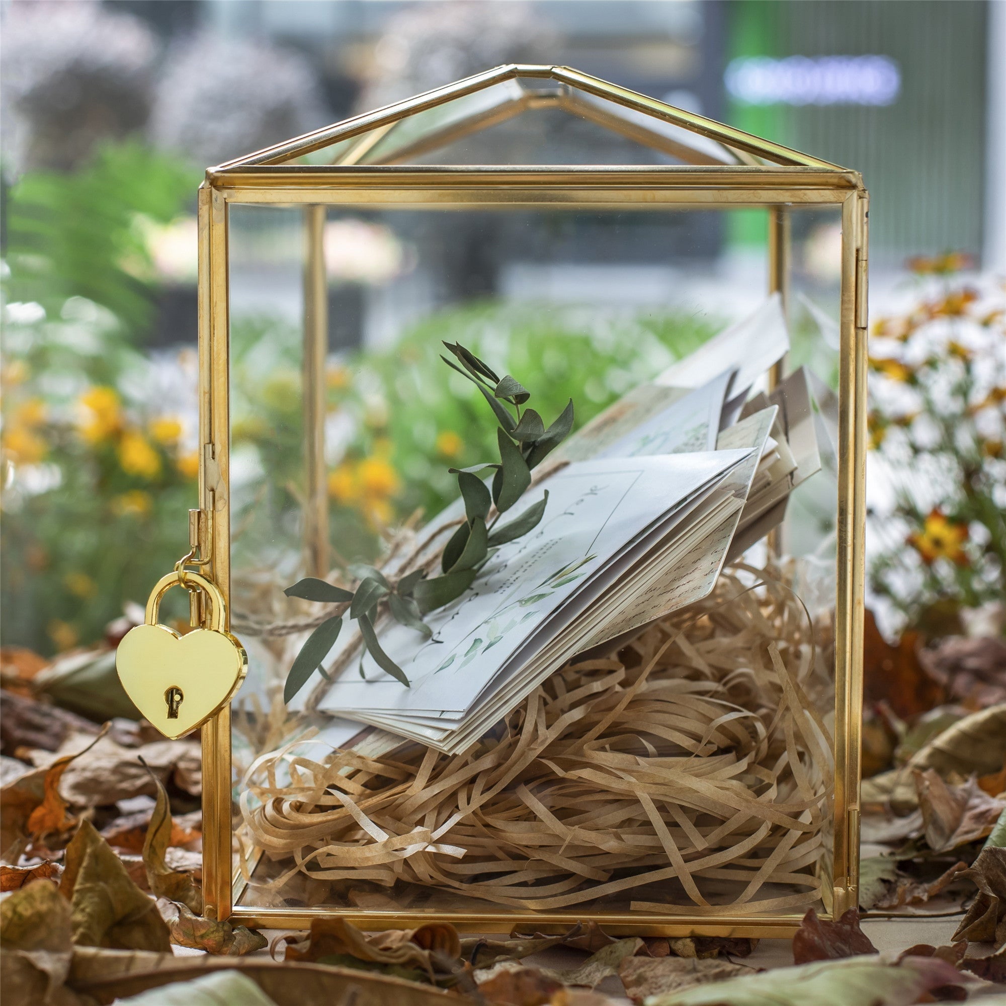 Large Geometric Glass Card Box Terrarium with Slot and Heart Lock, Foot, Gold, Handmade, Brass,for Wedding Receiption, Wishwell, Keepsake Centerpiece - NCYPgarden