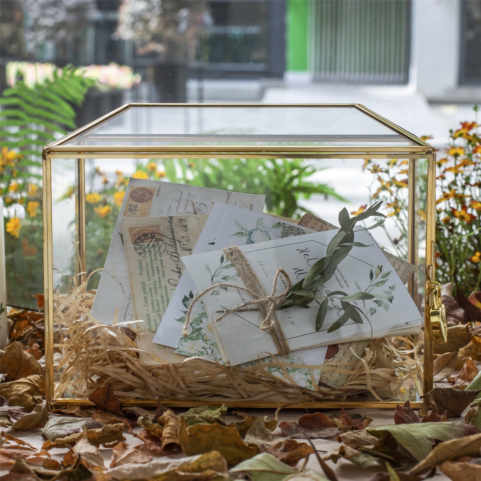 Large Geometric Glass Card Box Terrarium with Slot and Heart Lock, Foot, Gold, Handmade, Brass,for Wedding Receiption, Wishwell, Keepsake Centerpiece - NCYPgarden