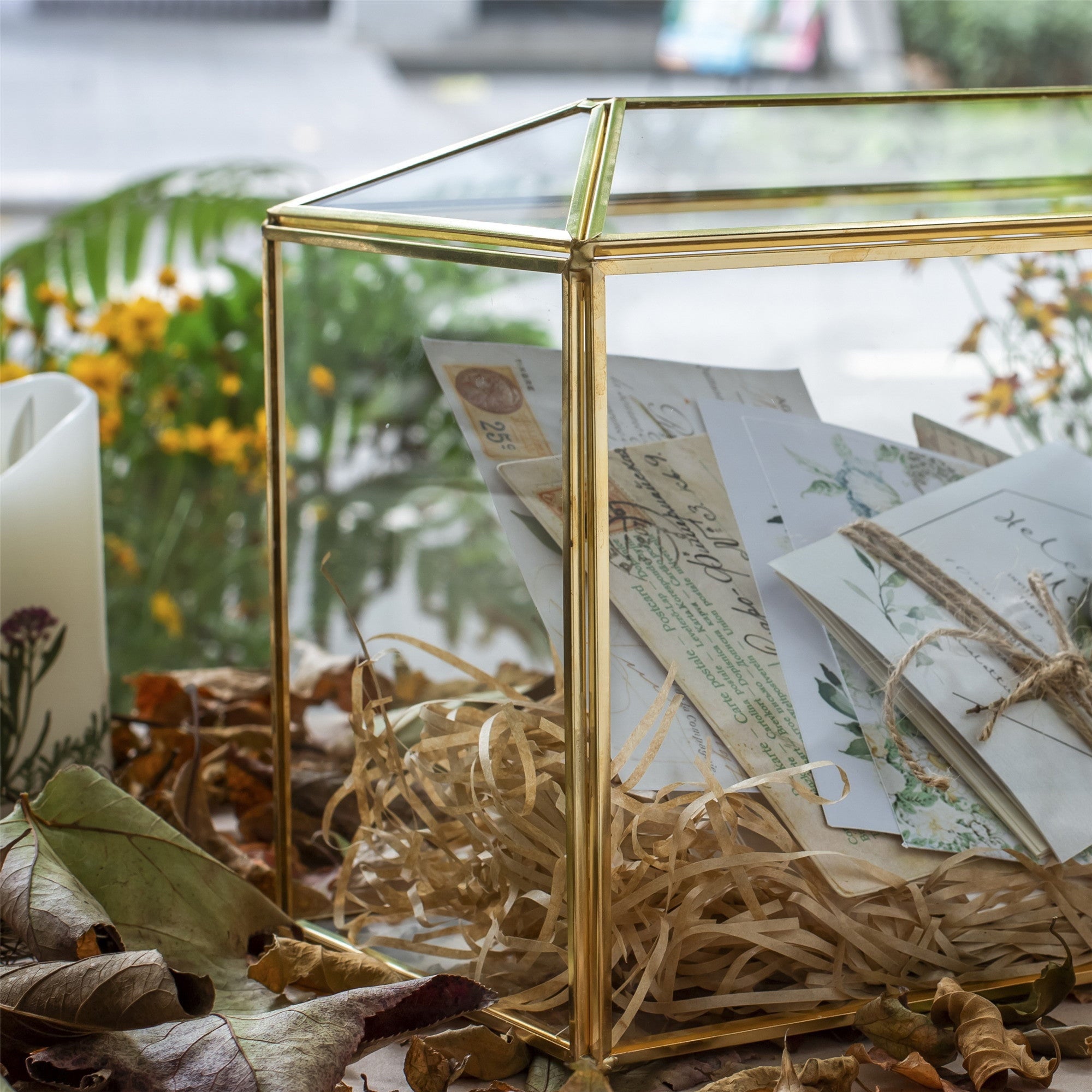 Large Geometric Glass Card Box Terrarium with Slot and Heart Lock, Foot, Gold, Handmade, Brass,for Wedding Receiption, Wishwell, Keepsake Centerpiece - NCYPgarden