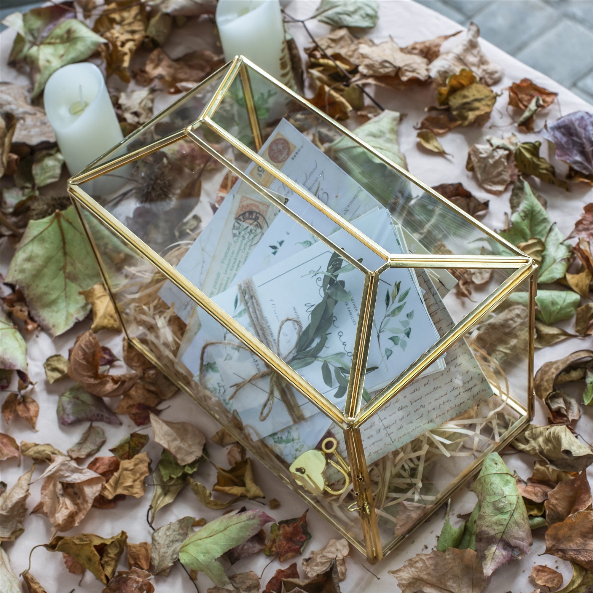 Large Geometric Glass Card Box Terrarium with Slot and Heart Lock, Foot, Gold, Handmade, Brass,for Wedding Receiption, Wishwell, Keepsake Centerpiece - NCYPgarden