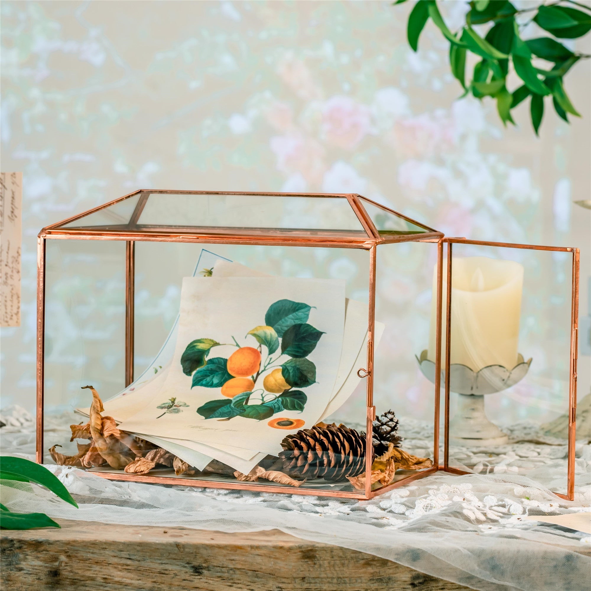 Large Geometric Glass Card Box Terrarium with Slot and Heart Lock, Foot, Gold, Handmade, Brass,for Wedding Receiption, Wishwell, Keepsake Centerpiece - NCYPgarden