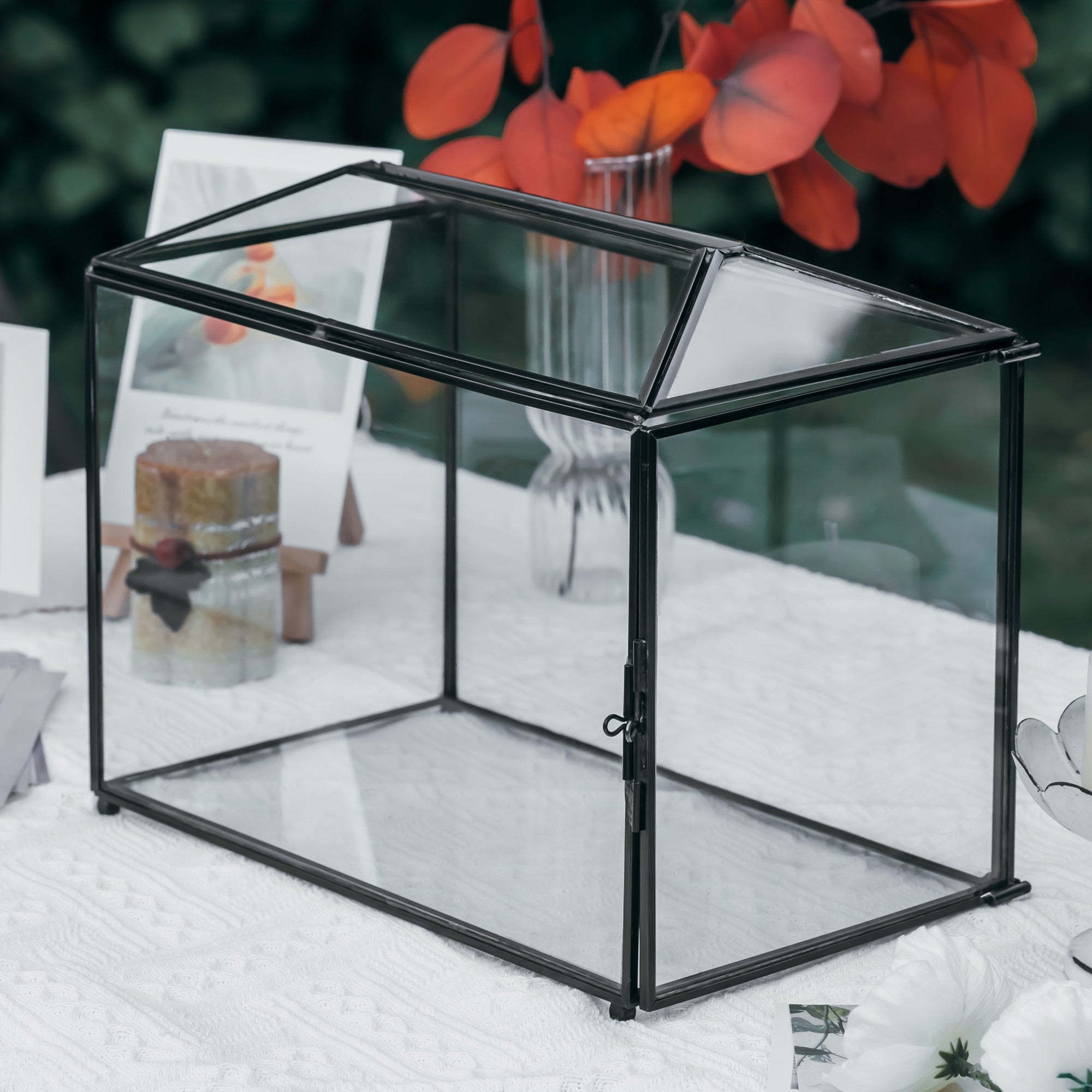 Back Standard/Large Geometric Glass Card Box Terrarium with Slot, Heart Lock, Foot, Handmade Brass for Wedding Receiption Wishwell Keepsake - NCYPgarden