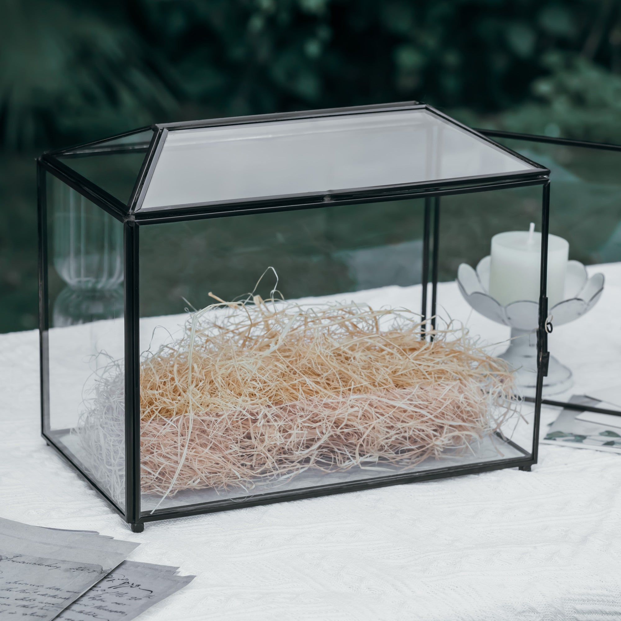 Back Standard/Large Geometric Glass Card Box Terrarium with Slot, Heart Lock, Foot, Handmade Brass for Wedding Receiption Wishwell Keepsake - NCYPgarden