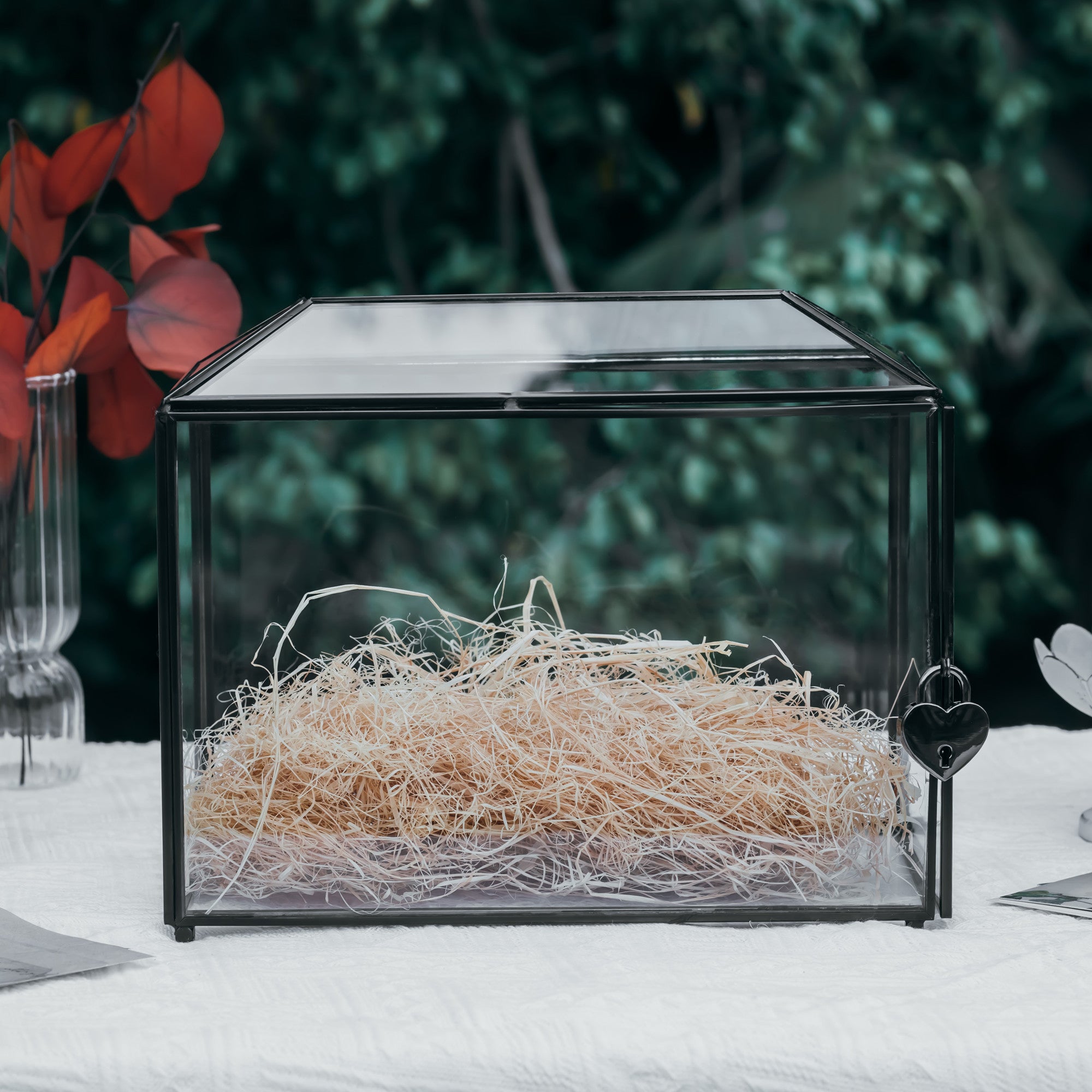 Back Standard/Large Geometric Glass Card Box Terrarium with Slot, Heart Lock, Foot, Handmade Brass for Wedding Receiption Wishwell Keepsake - NCYPgarden