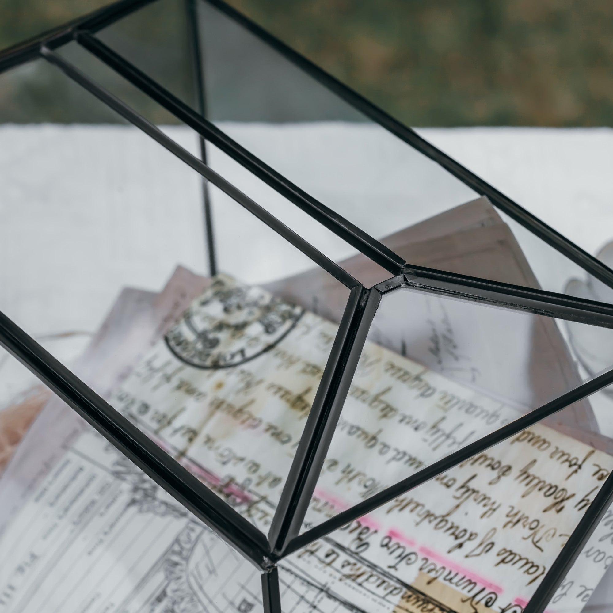 Back Standard/Large Geometric Glass Card Box Terrarium with Slot, Heart Lock, Foot, Handmade Brass for Wedding Receiption Wishwell Keepsake - NCYPgarden