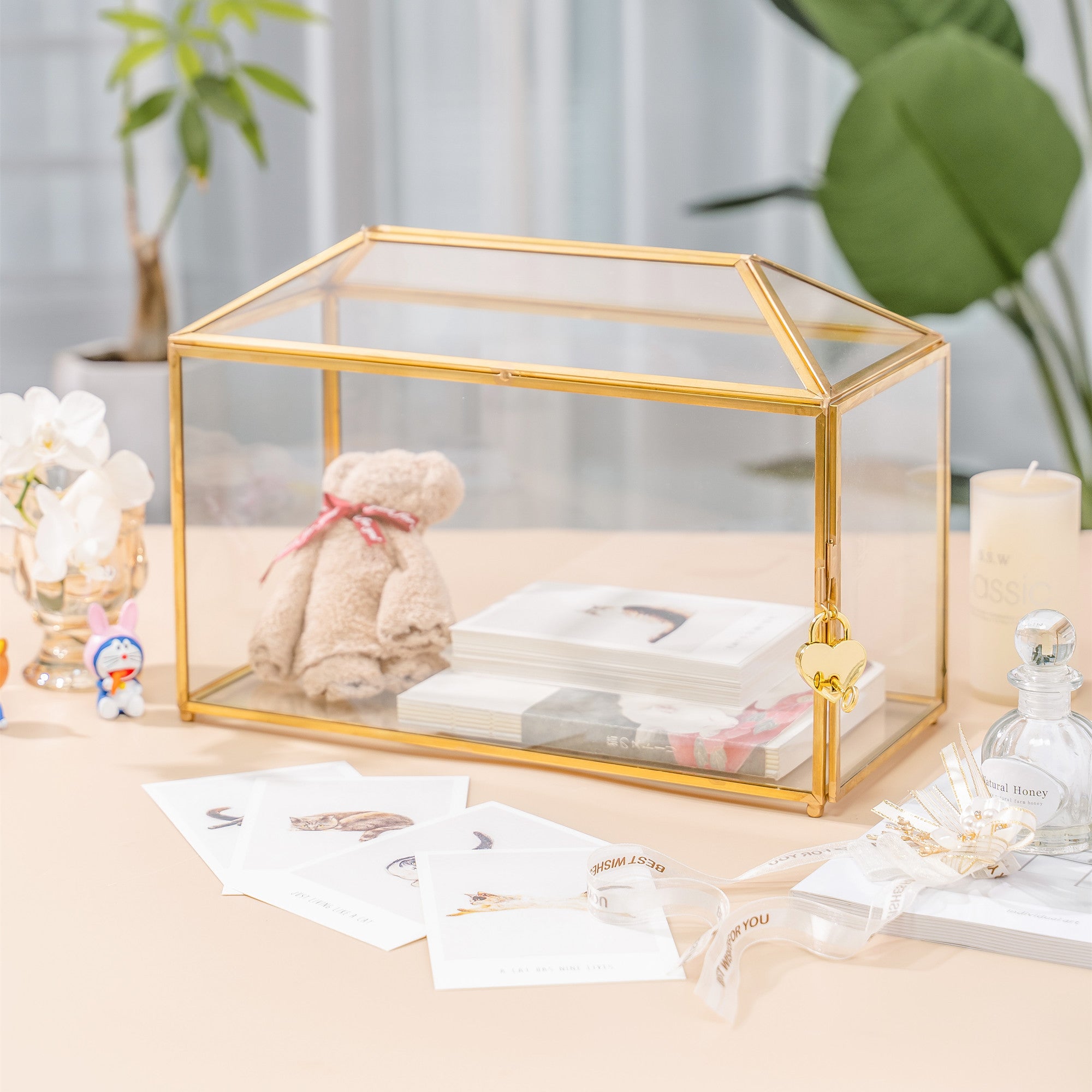 Large Geometric Glass Card Box Terrarium with Slot and Heart Lock, Foot, Gold, Handmade, Brass,for Wedding Receiption, Wishwell, Keepsake Centerpiece - NCYPgarden