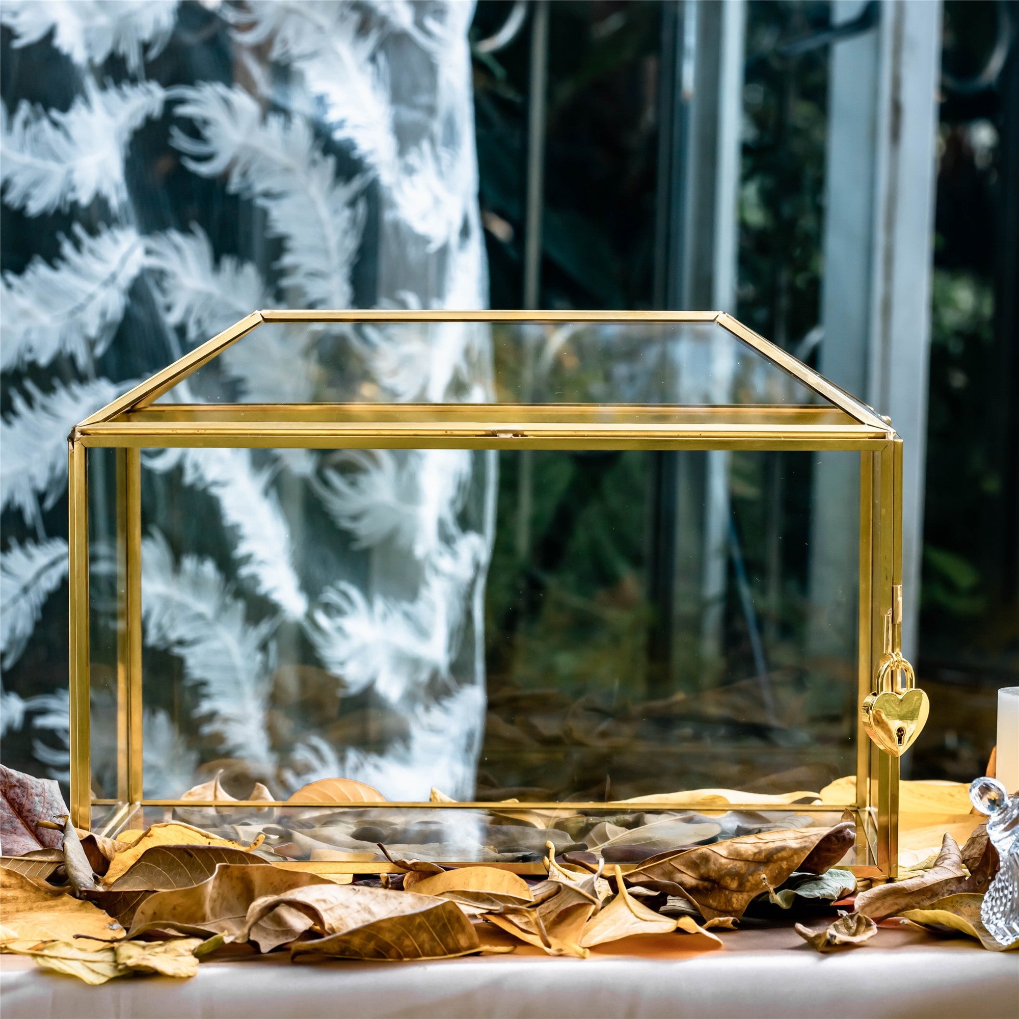 Large Geometric Glass Card Box Terrarium with Slot and Heart Lock, Foot, Gold, Handmade, Brass,for Wedding Receiption, Wishwell, Keepsake Centerpiece - NCYPgarden