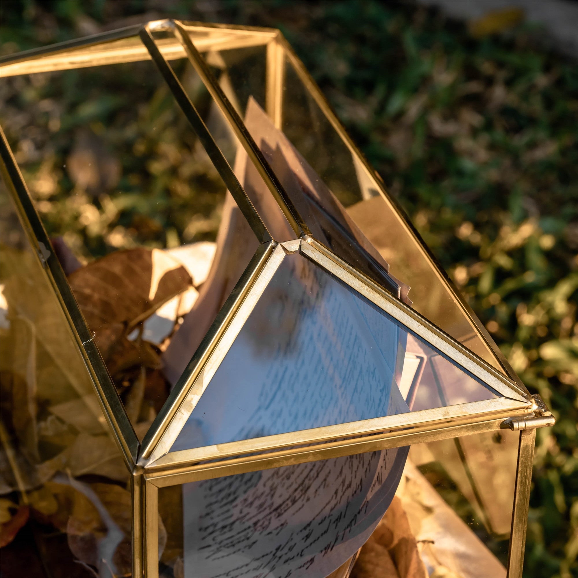 Large Geometric Glass Card Box Terrarium with Slot and Heart Lock, Foot, Gold, Handmade, Brass,for Wedding Receiption, Wishwell, Keepsake Centerpiece - NCYPgarden