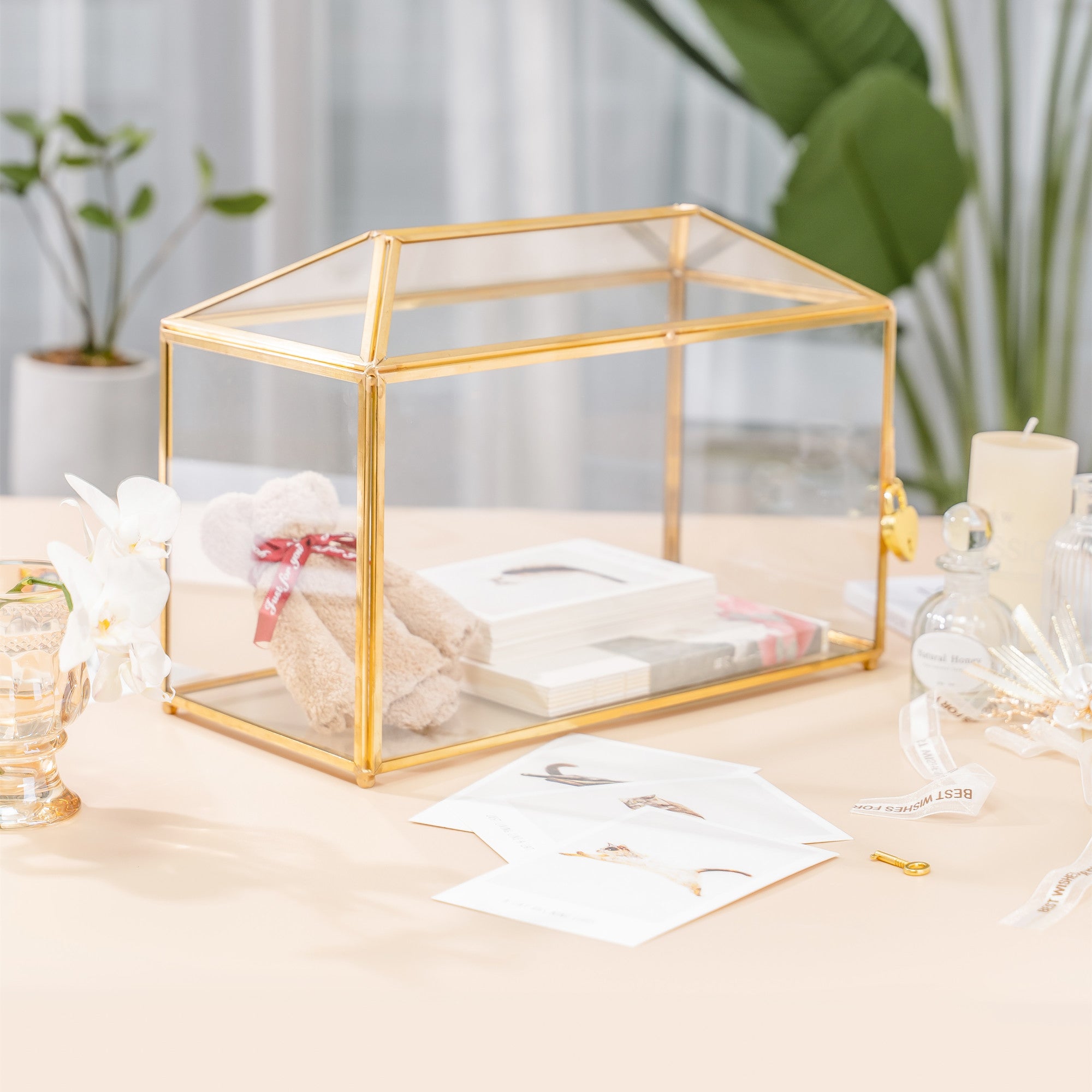 Large Geometric Glass Card Box Terrarium with Slot and Heart Lock, Foot, Gold, Handmade, Brass,for Wedding Receiption, Wishwell, Keepsake Centerpiece - NCYPgarden