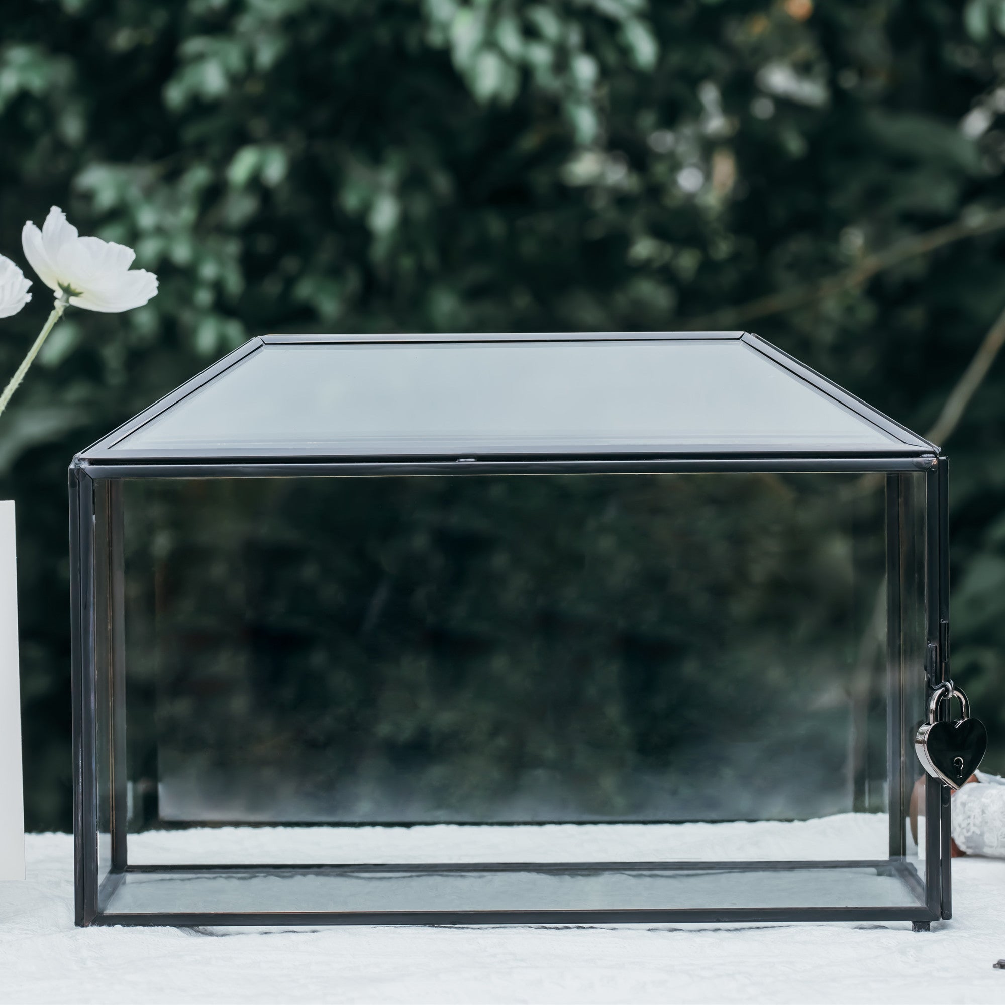 Back Standard/Large Geometric Glass Card Box Terrarium with Slot, Heart Lock, Foot, Handmade Brass for Wedding Receiption Wishwell Keepsake - NCYPgarden