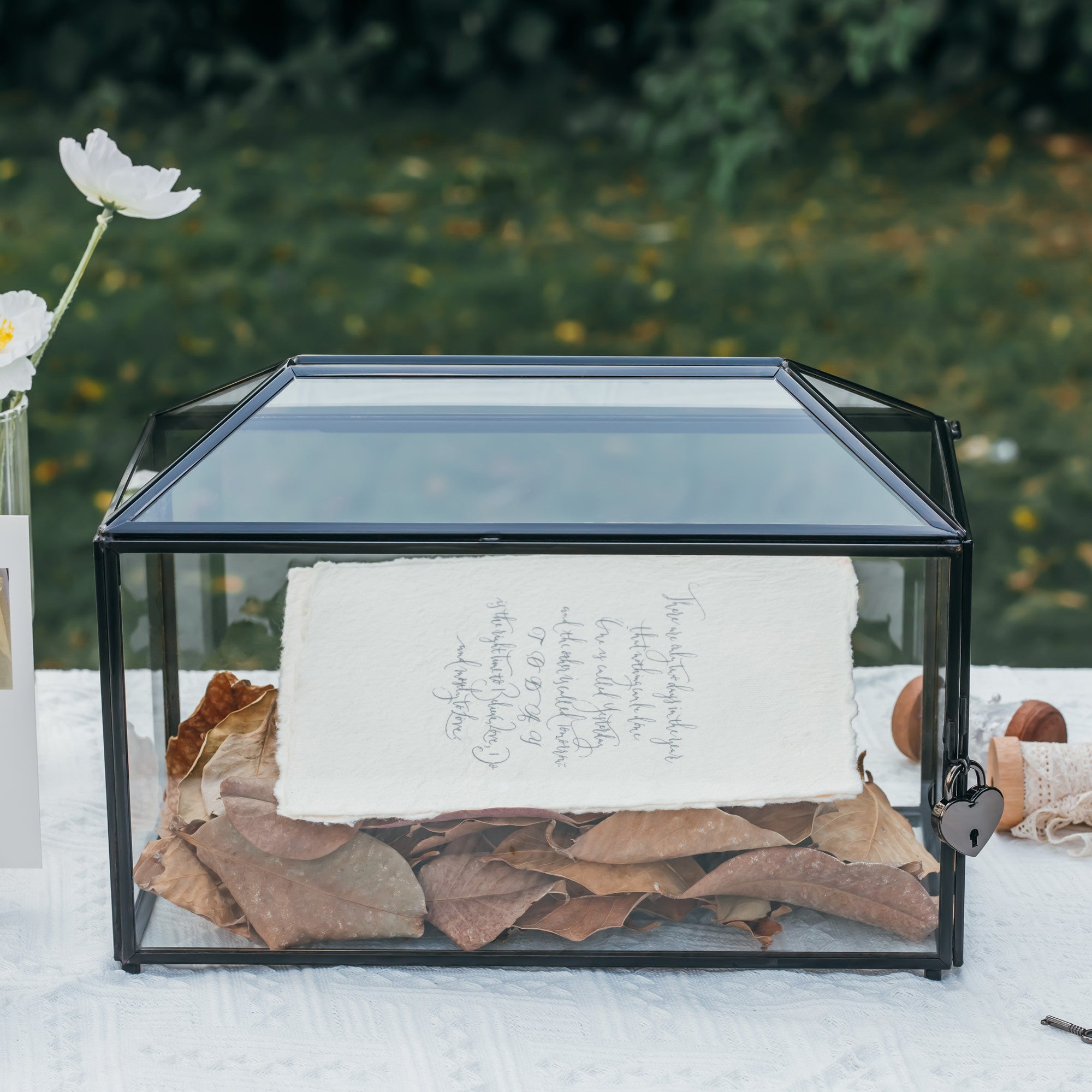 Back Standard/Large Geometric Glass Card Box Terrarium with Slot, Heart Lock, Foot, Handmade Brass for Wedding Receiption Wishwell Keepsake - NCYPgarden