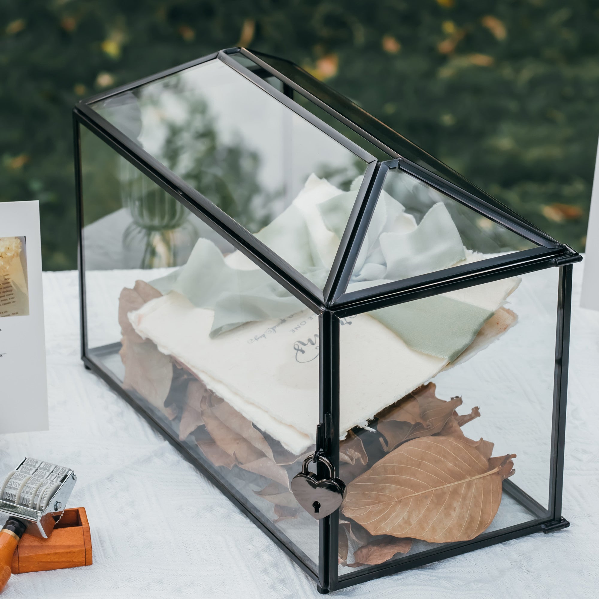 Back Standard/Large Geometric Glass Card Box Terrarium with Slot, Heart Lock, Foot, Handmade Brass for Wedding Receiption Wishwell Keepsake - NCYPgarden