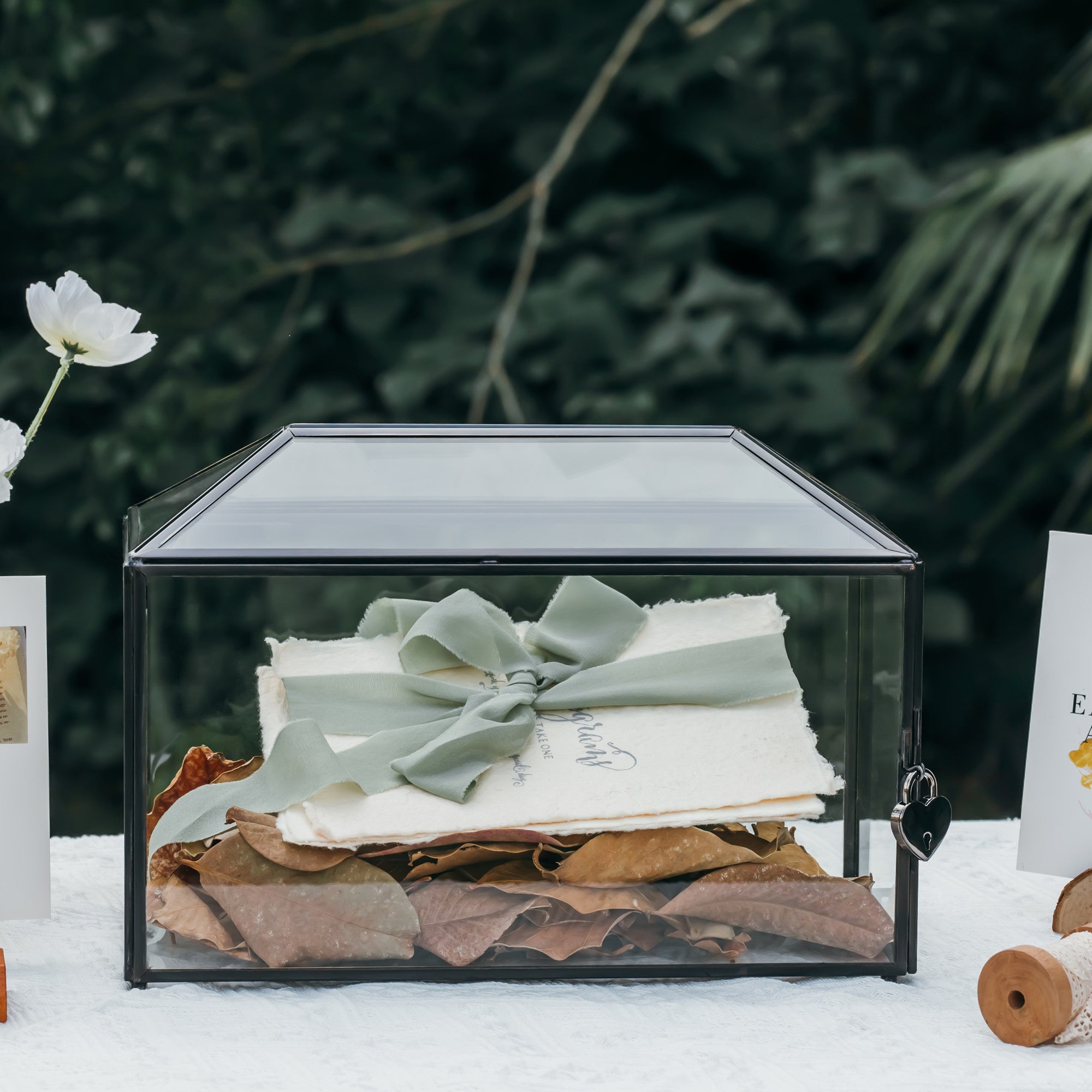 Back Standard/Large Geometric Glass Card Box Terrarium with Slot, Heart Lock, Foot, Handmade Brass for Wedding Receiption Wishwell Keepsake - NCYPgarden