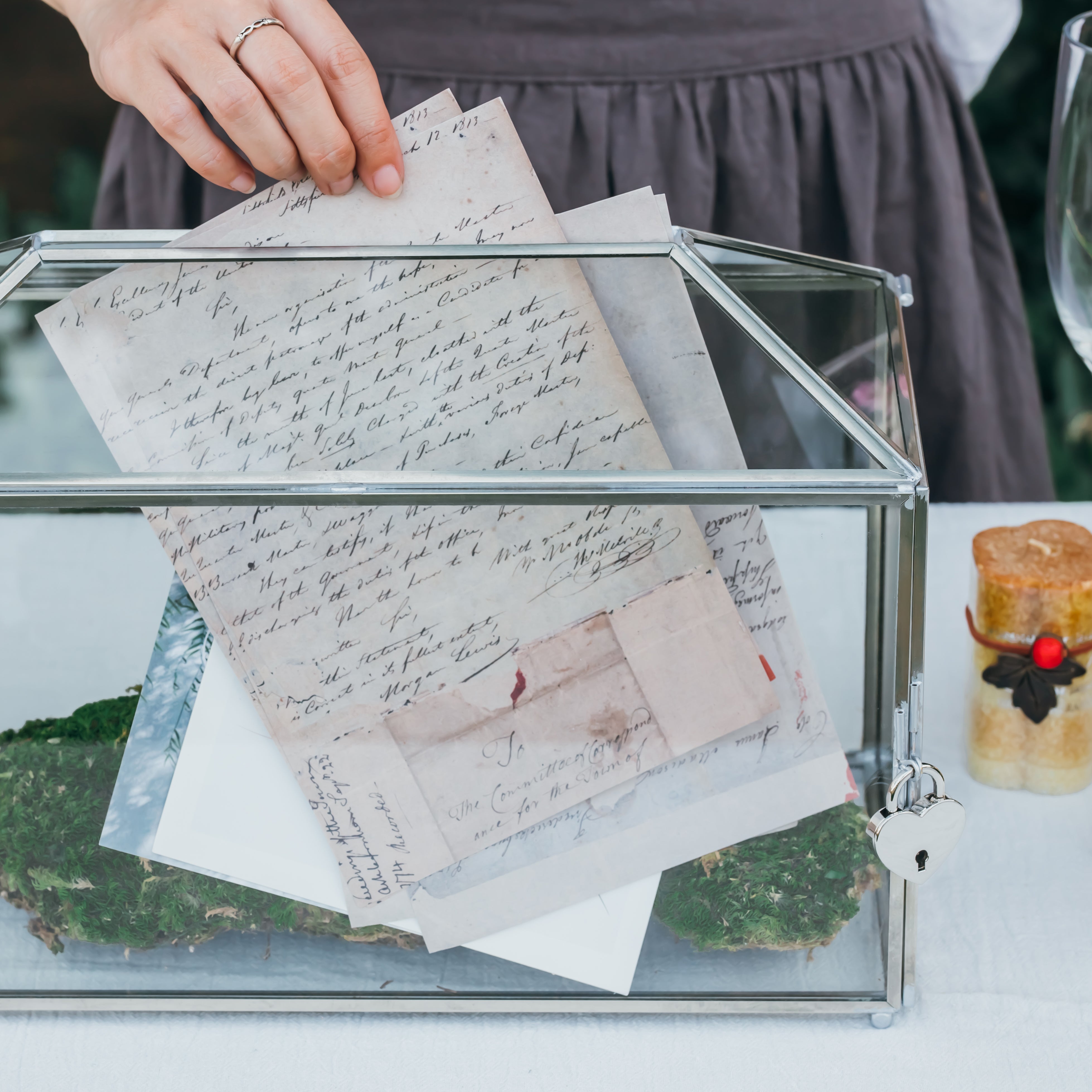 Silver Standard/Large Geometric Glass Card Box Terrarium with Slot, Heart Lock, Foot, Handmade for Wedding Receiption Wishwell Keepsake - NCYPgarden