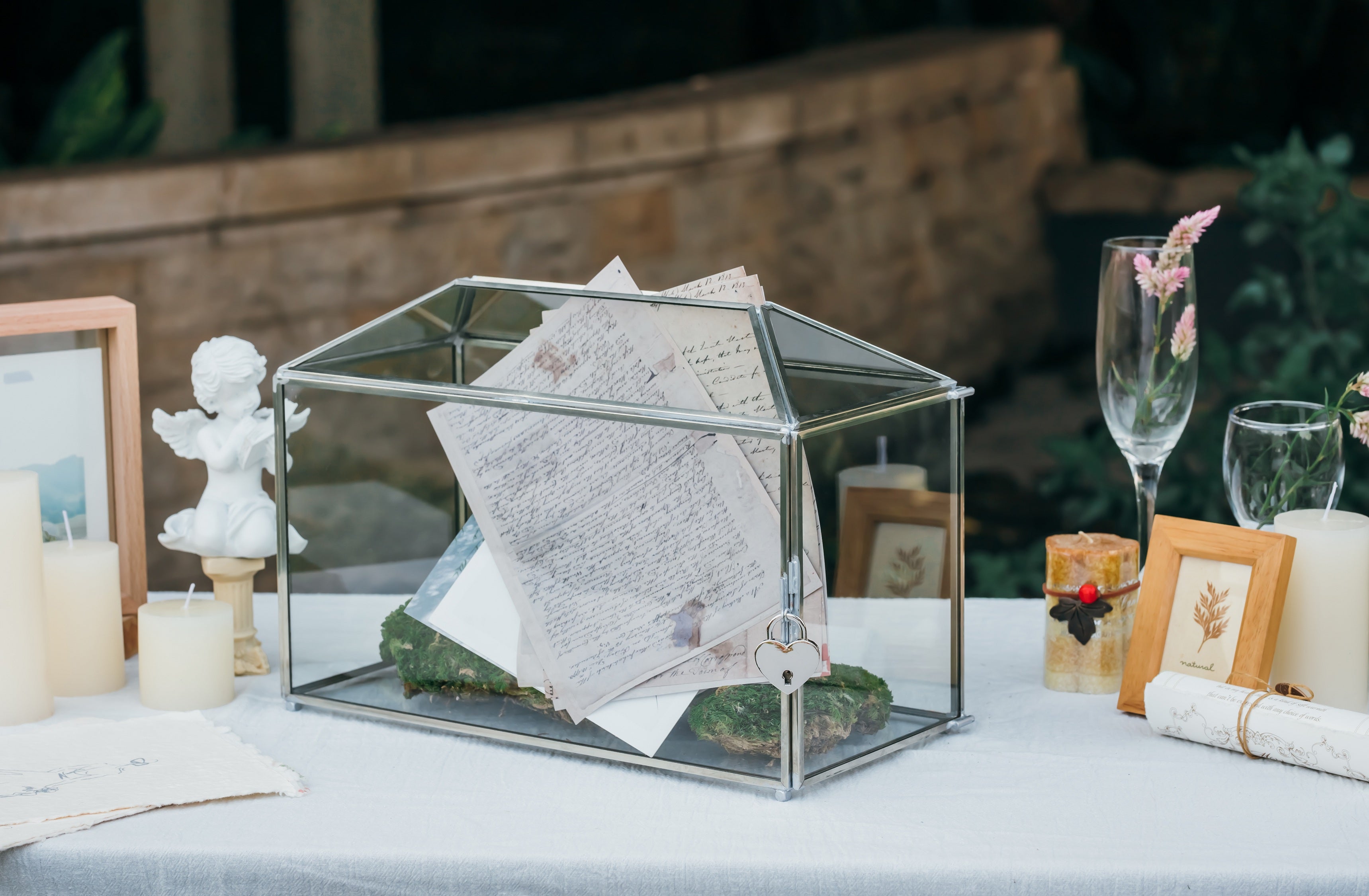 Silver Standard/Large Geometric Glass Card Box Terrarium with Slot, Heart Lock, Foot, Handmade for Wedding Receiption Wishwell Keepsake - NCYPgarden