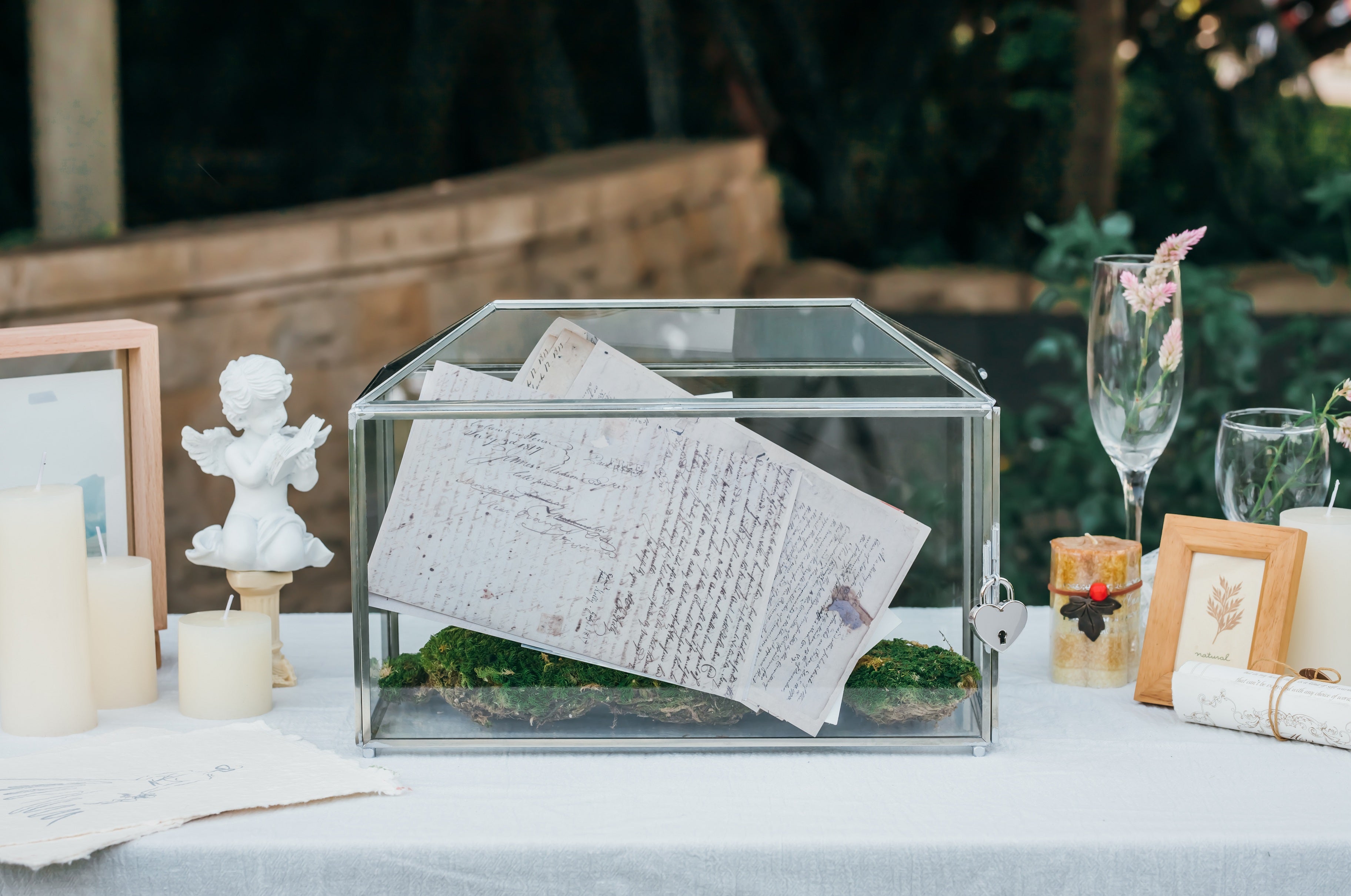 Silver Standard/Large Geometric Glass Card Box Terrarium with Slot, Heart Lock, Foot, Handmade for Wedding Receiption Wishwell Keepsake - NCYPgarden