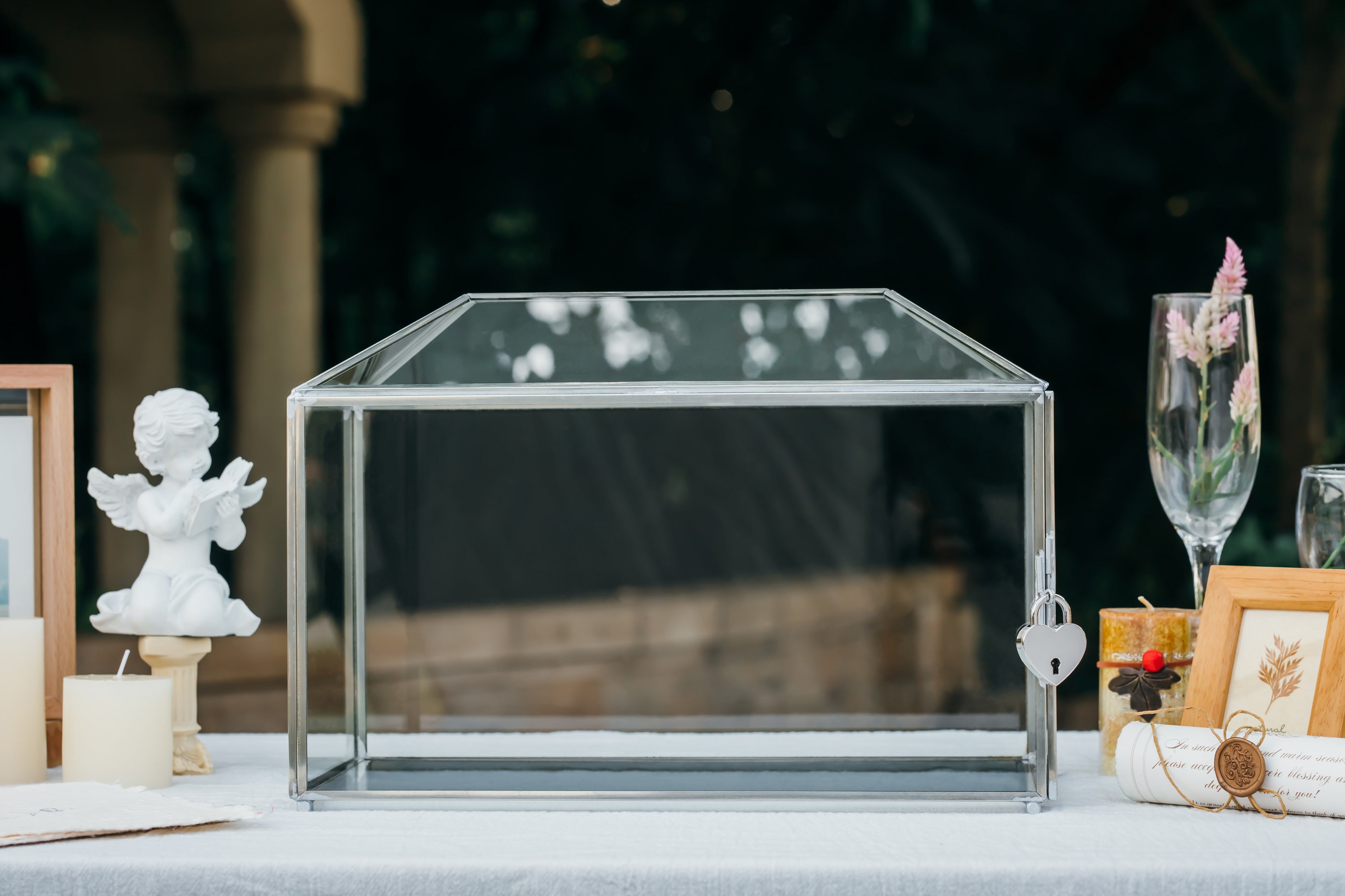 Silver Standard/Large Geometric Glass Card Box Terrarium with Slot, Heart Lock, Foot, Handmade for Wedding Receiption Wishwell Keepsake - NCYPgarden